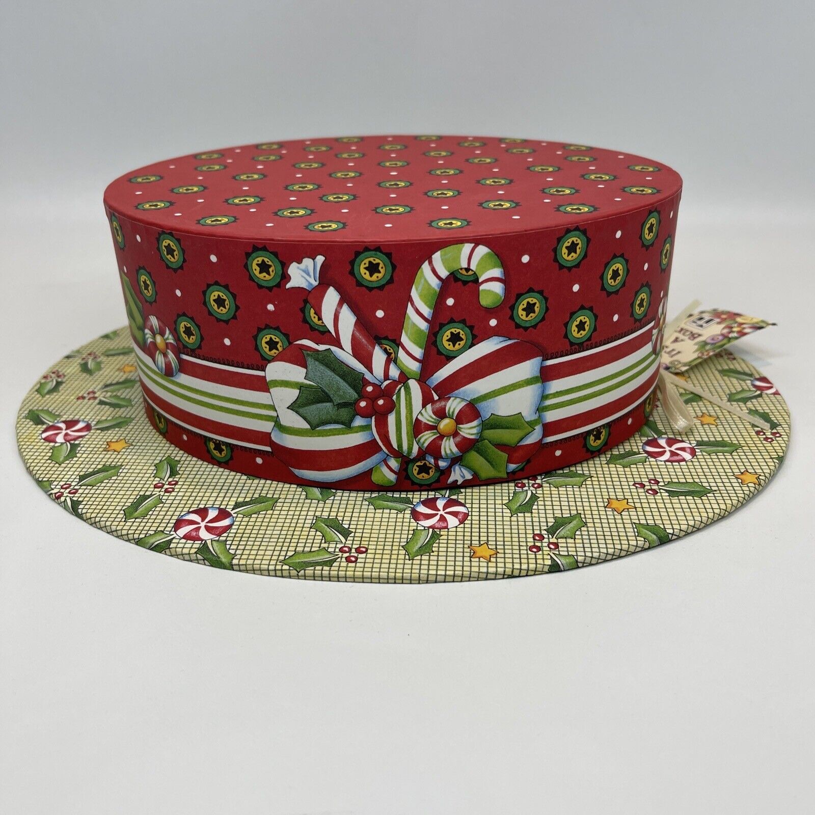 Mary Engelbreit 2000 Hat Gift Storage Box Christmas Holly Candy Canes Red Green