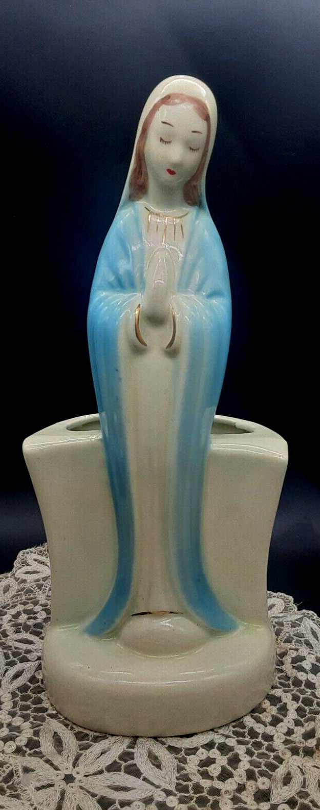 Vintage Standing Mary Mother of Jesus Planter Clay Hand Painted 12.5 Inches Tall