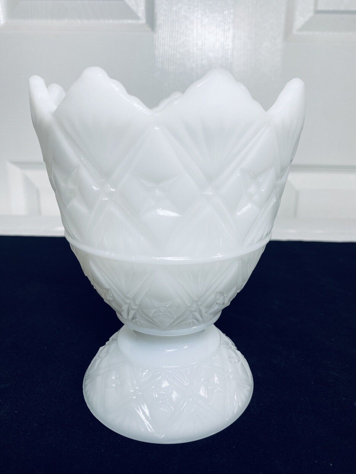E O Brody Co Milk Glass Footed Vase Scalloped Edge Trellis Pattern MJ-21 #2255