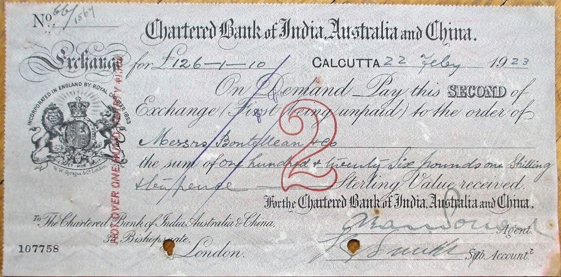 Chartered Bank of India, Australia & China - Calcutta/Kolkata 1923 Check / Note