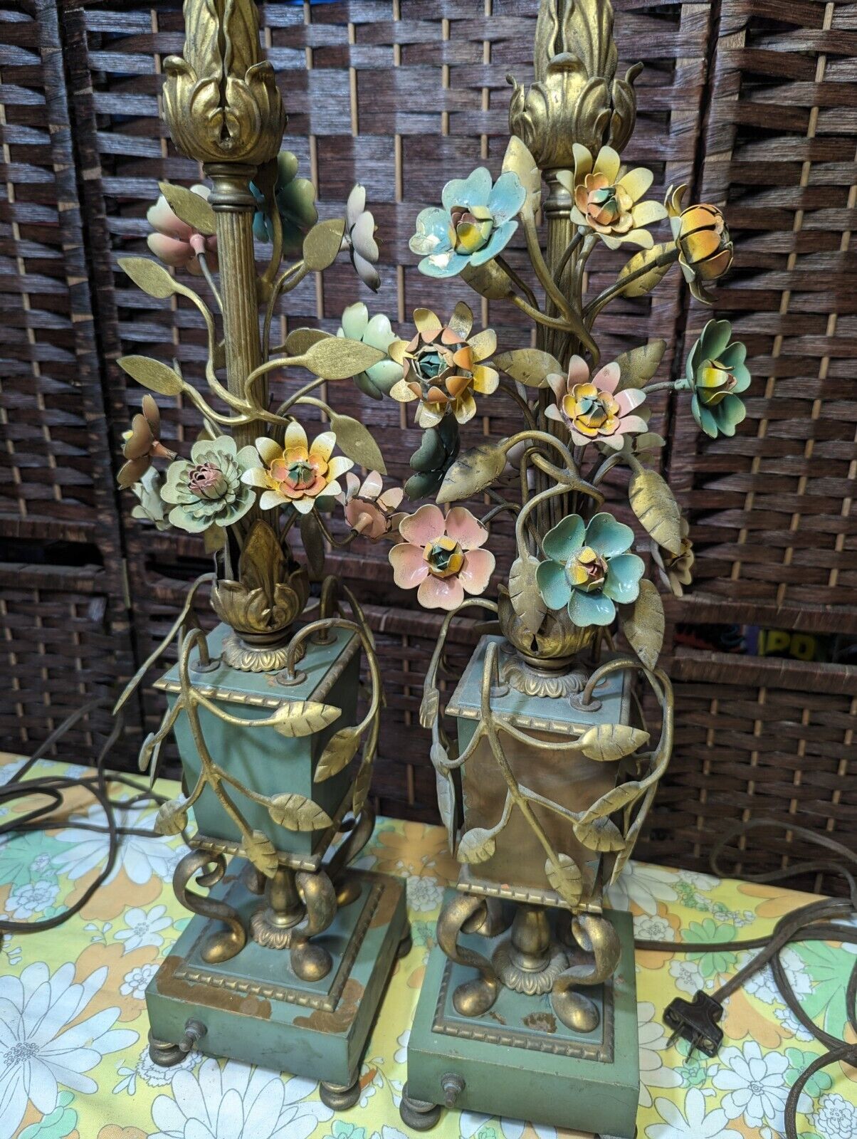 Antique Italian Tole Metal Floral Table Lamps Pair Painted Threaded Flowers 