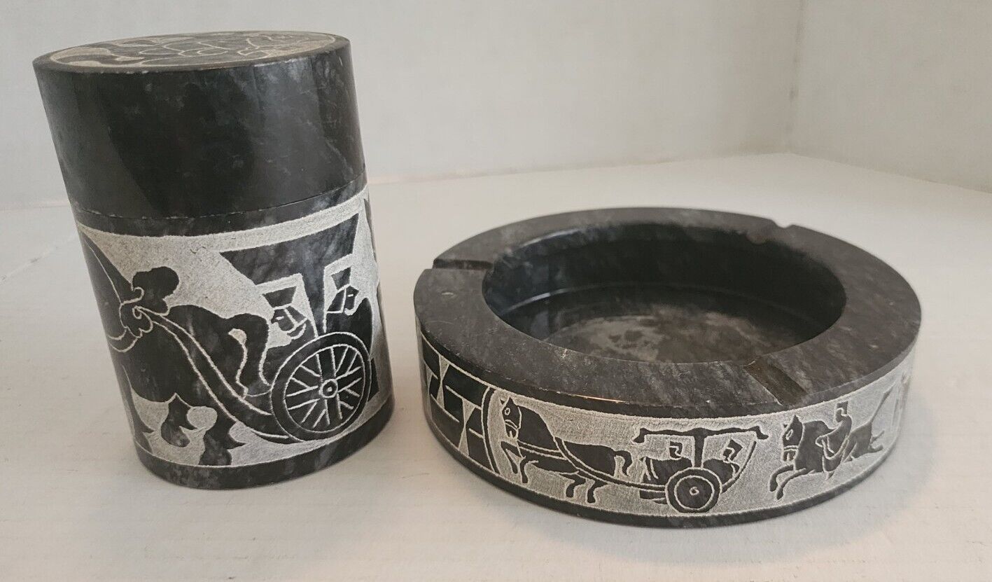 Cup & Chariot Horse Drawn Carriage Black Grey Etched Marble Stone Ashtray