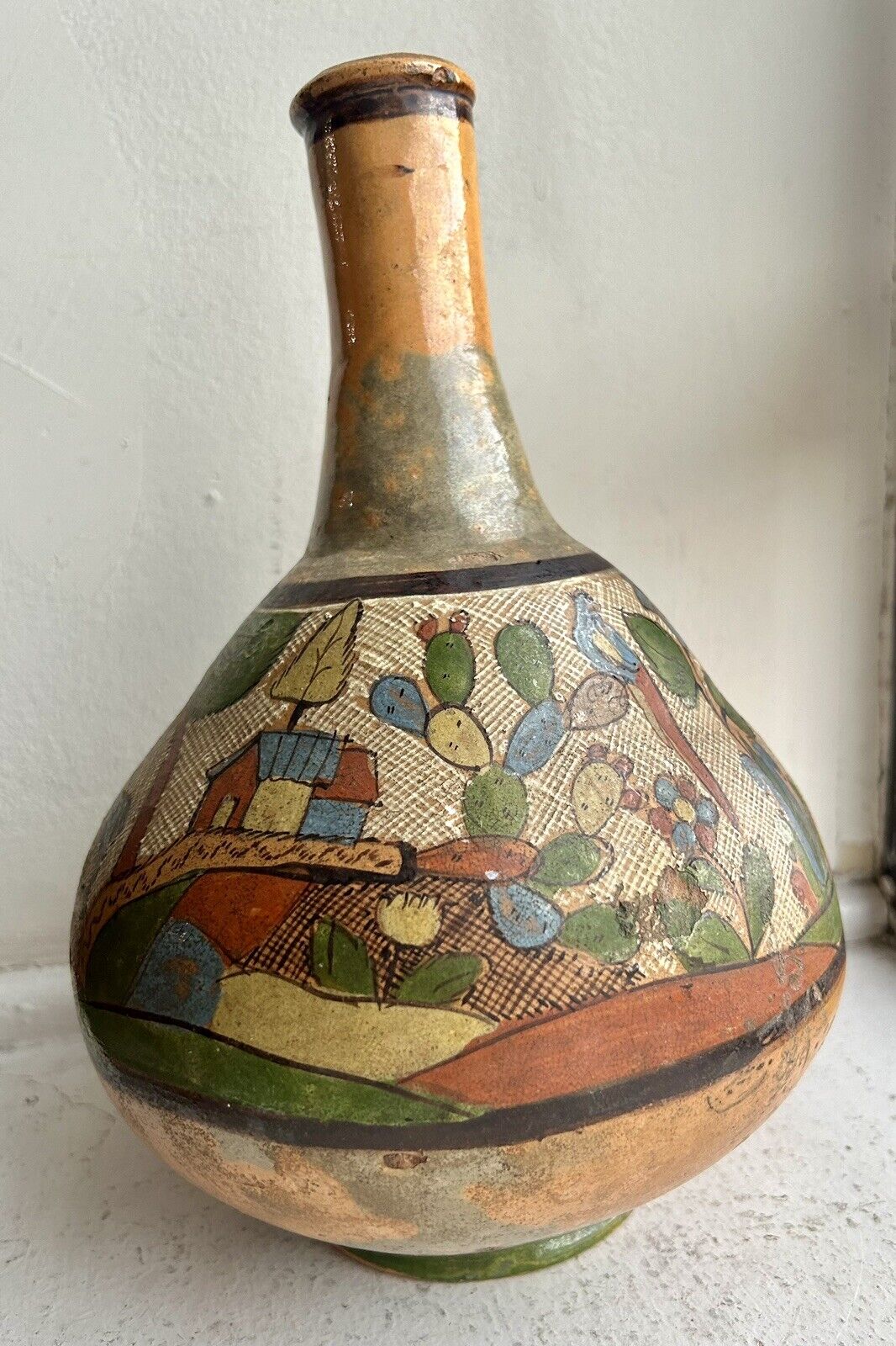 Large Vintage Tlaquepaque  Hand Painted Mexican Folk Art Pottery 10” X 7”