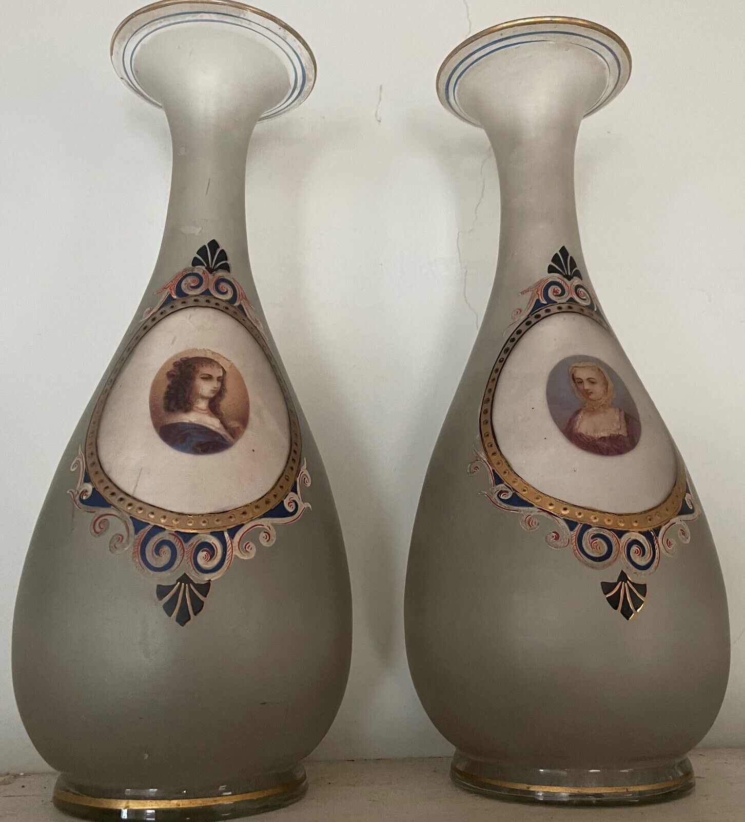 Pair of hand blown & hand-painted antique vases w/portraits of victorian women