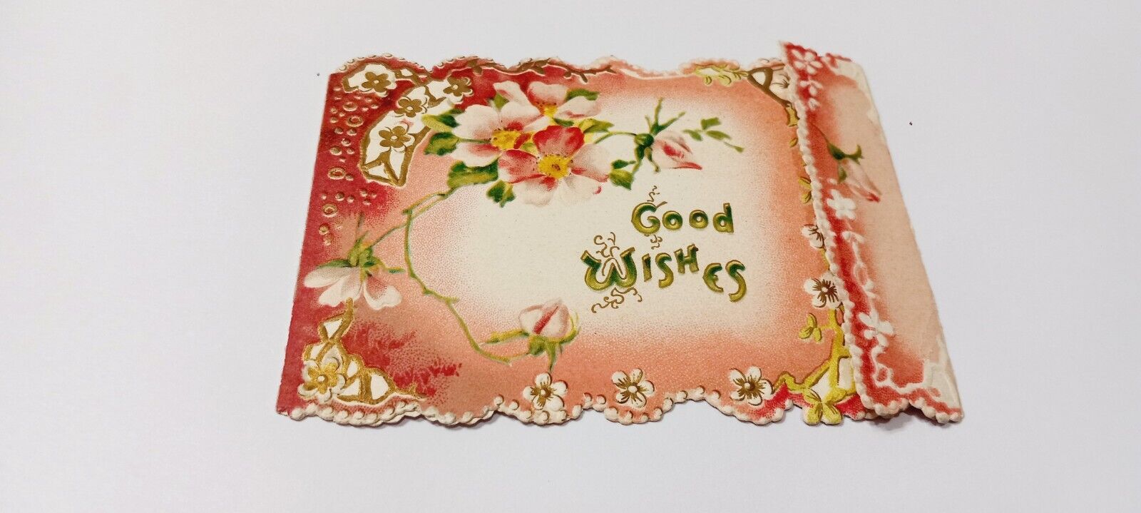 VICTORIAN ANTIQUE GREETING CARD CHRISTMAS GOOD WISH DIE CUT FLORAL FOLD OUT CARD