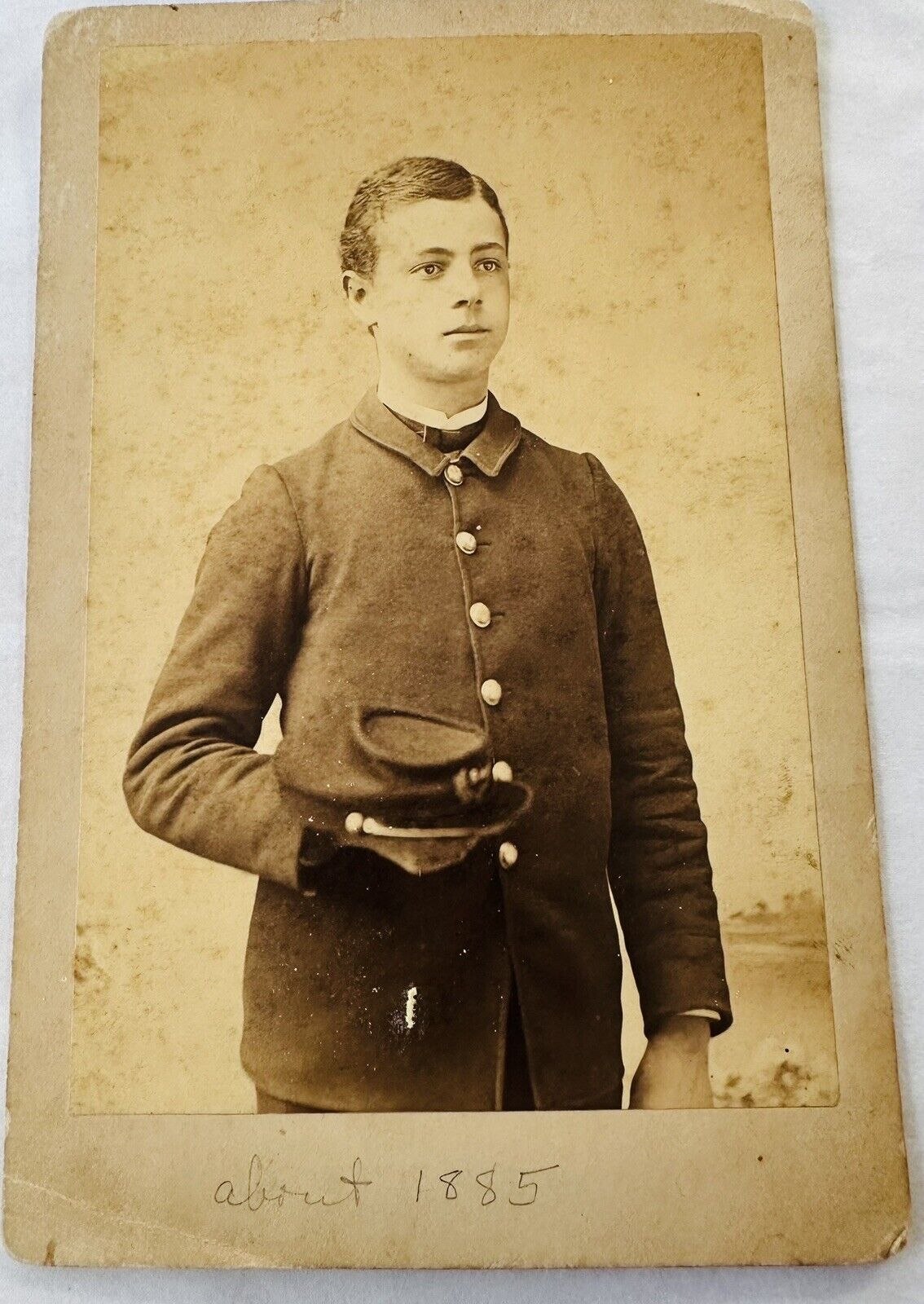 Antique 1885 Photo Young Man Entering College Cabinet Card Description On Back