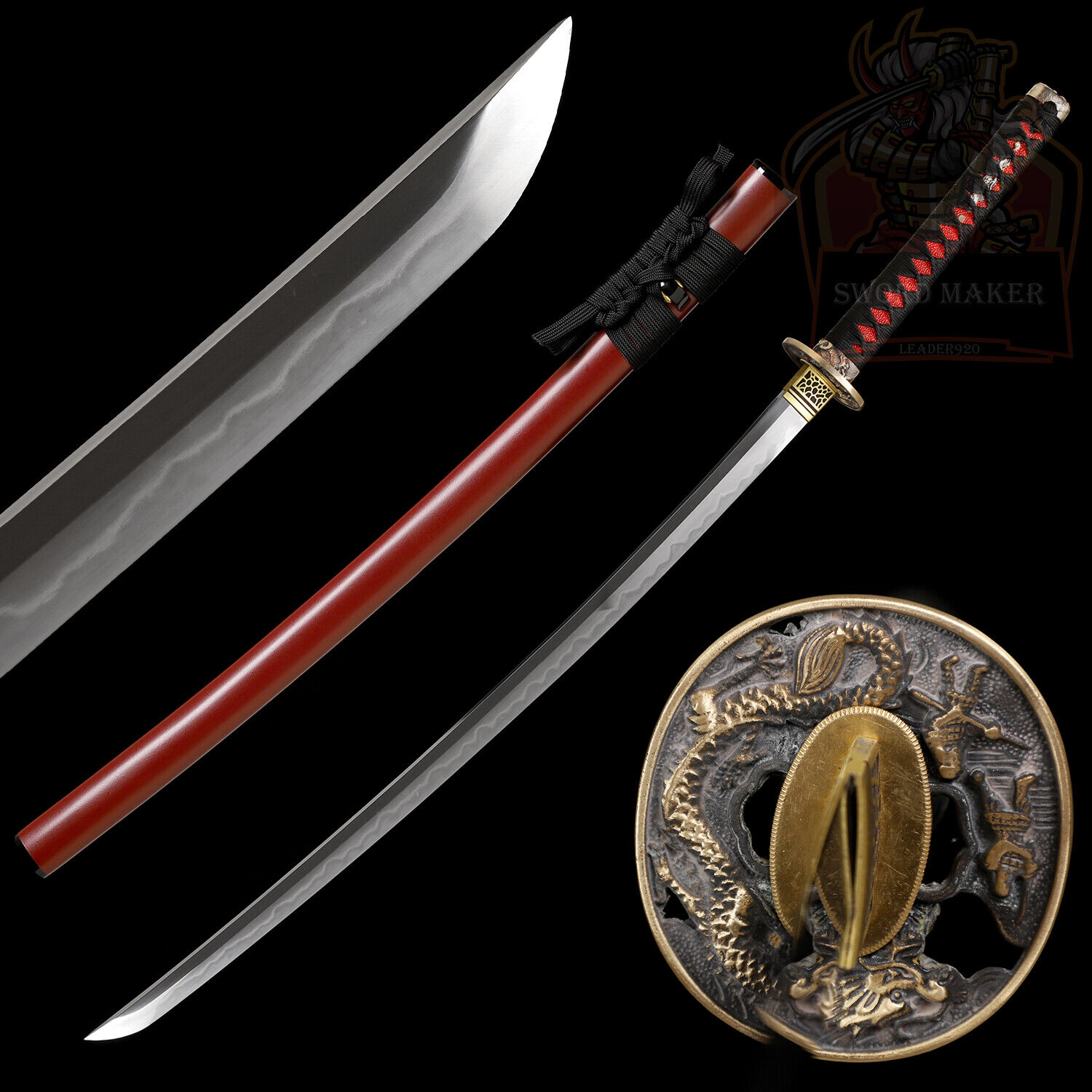 T10 Steel Clay Tempered Red Saya Japanese Katana Sword Full Tang Real Hamon
