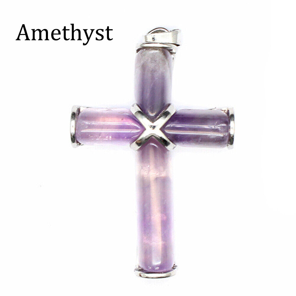 Natural Stone Cross Pendant Crystal Crucifix Chakra Reiki Healing Amulet Energy