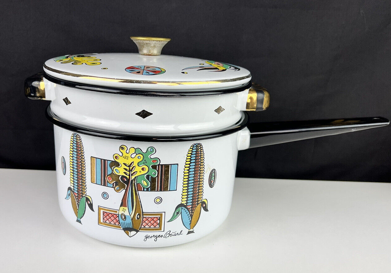 Georges Briard Enamelware Sauce Pan Double Boiler Colorful MCM Retro Vintage Mid