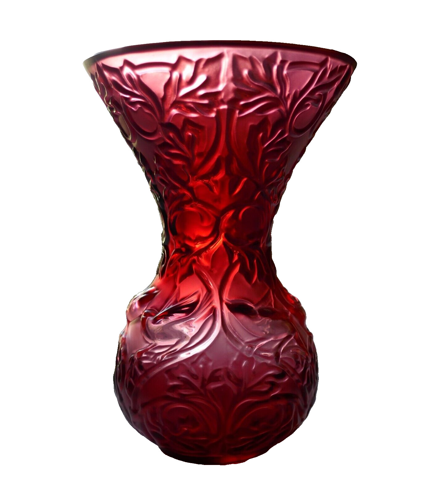 Lalique France Crystal ARABESQUE Ruby Red Vase Birds And Vines