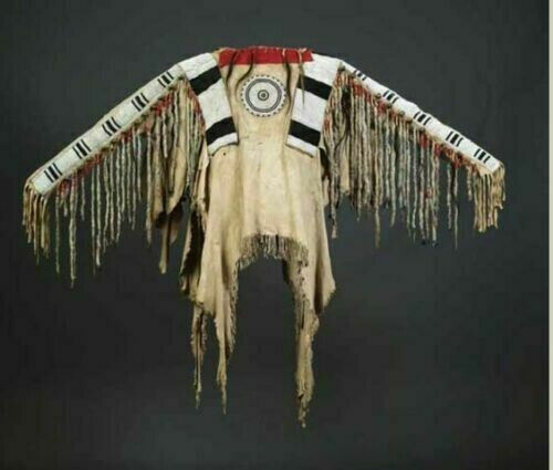 Old American Handmade Beige Buckskin Suede Beaded Powwow Regalia War Shirt  N4