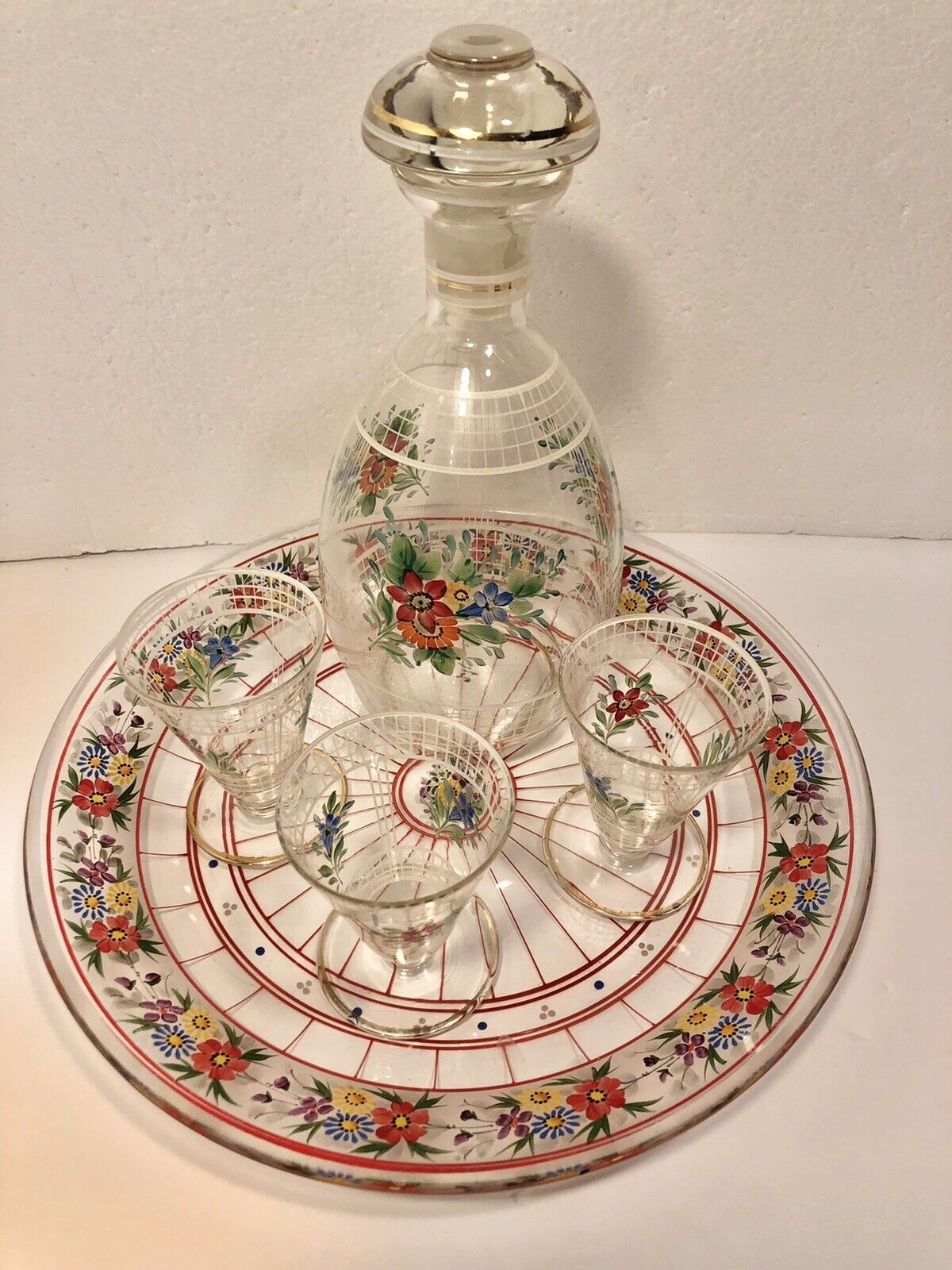 VIntage Bohemian Art Deco Hand Painted Floral Glass Decanter, 3 Glasses & Tray