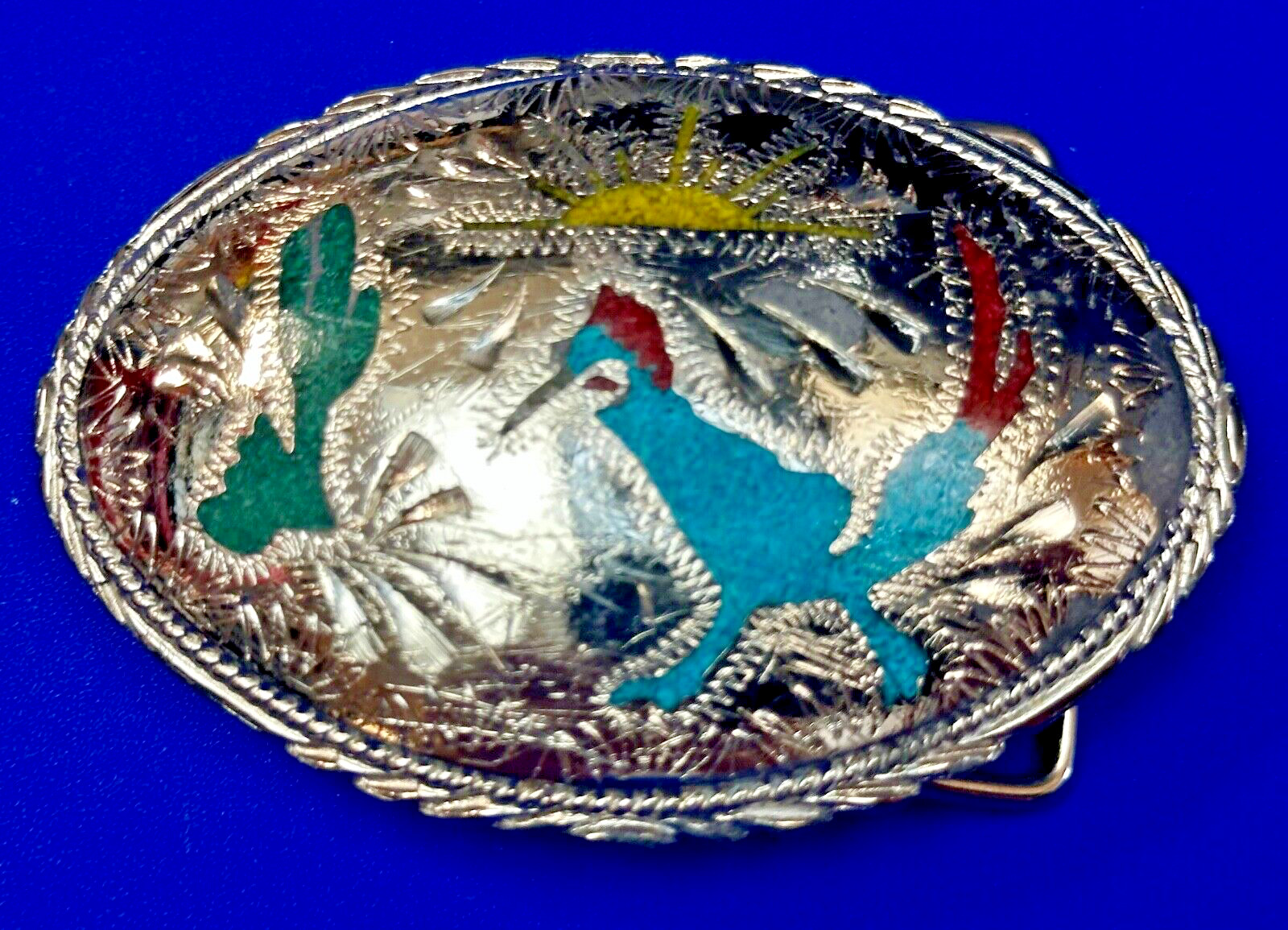 Native American Indian Inlaid Turquoise Mixed Stone Desert Scene Belt Buckle