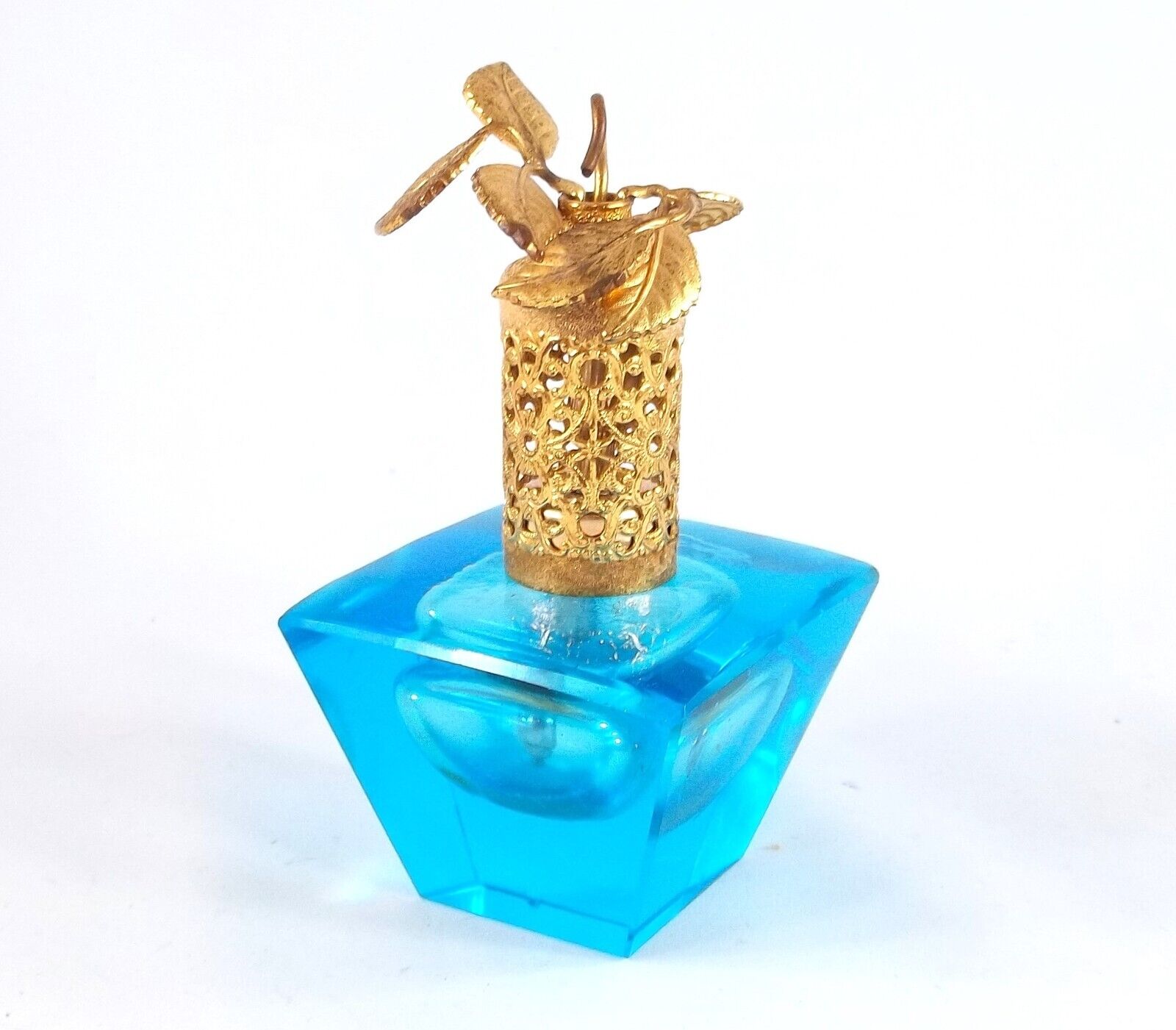 Vintage Blue Glass Scent Bottle With Gold Tone Filigree & Leaves Metal Cap