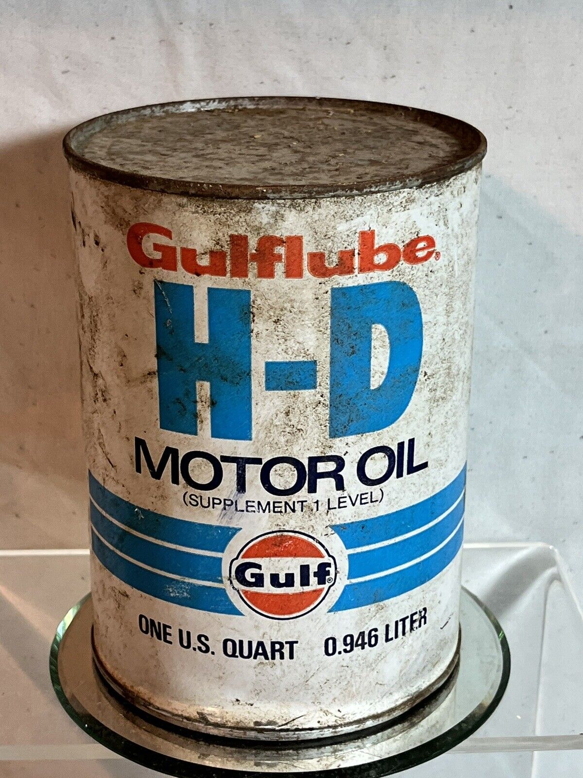 Gulf Gulflube HD 1 quart full metal motor oil can reverse logo