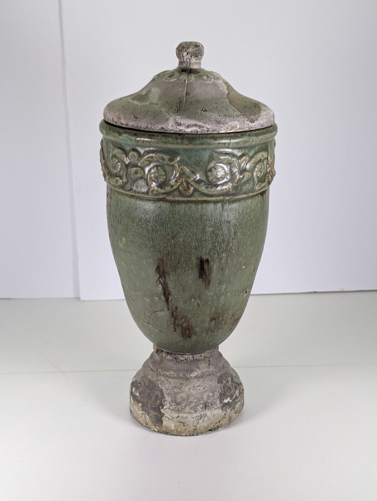Vintage Large Green Urn Pot Ornate Embossing 