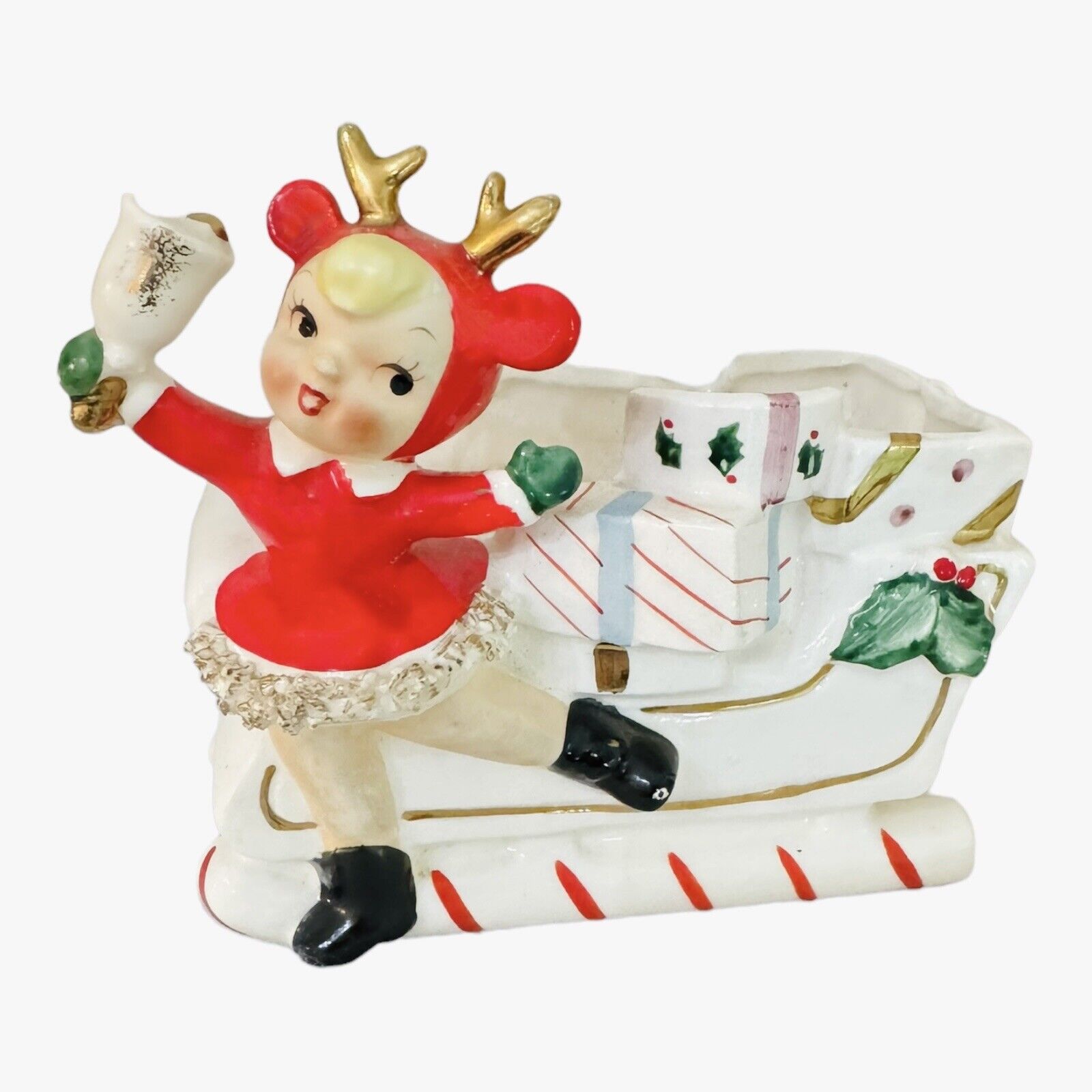 Vintage Christmas Rubens Skater Girl Reindeer Candy Cane Planter Sleigh Japan