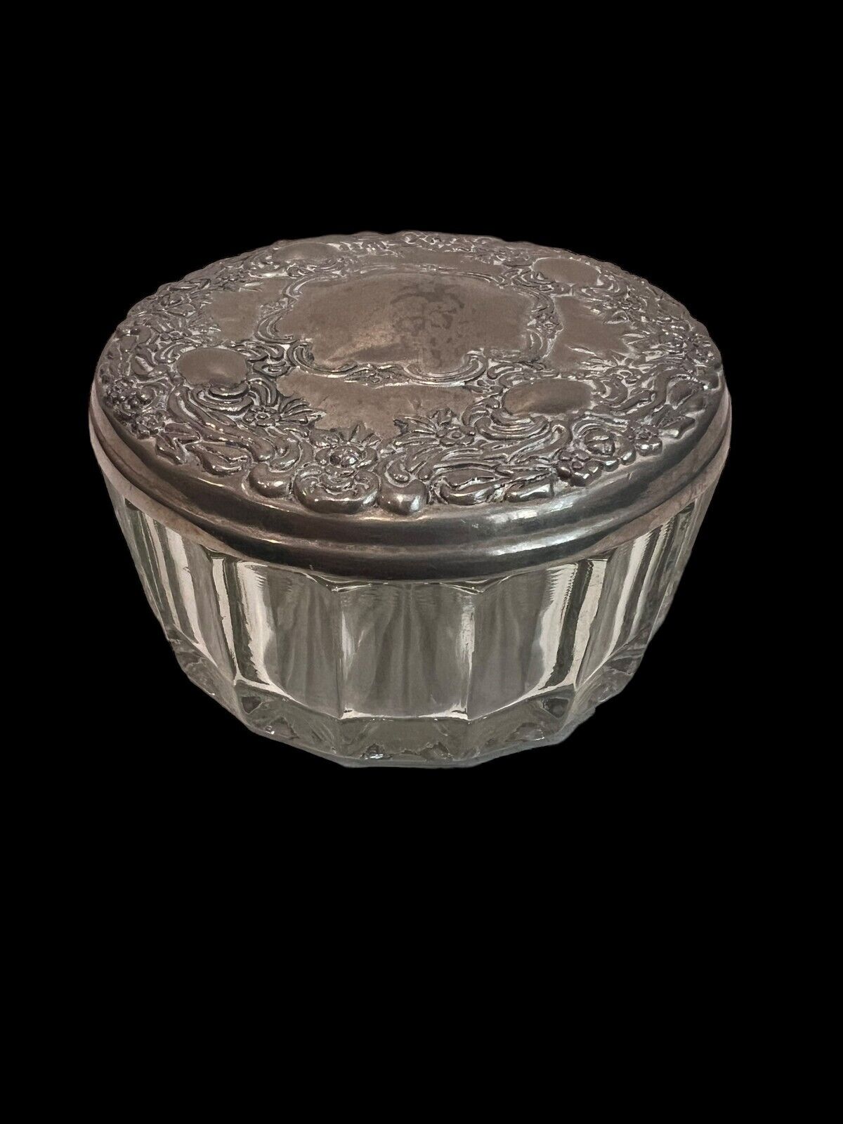 Vintage Dresser Vanity Powder Box Glass Jar Silver Plate Repousse Lid