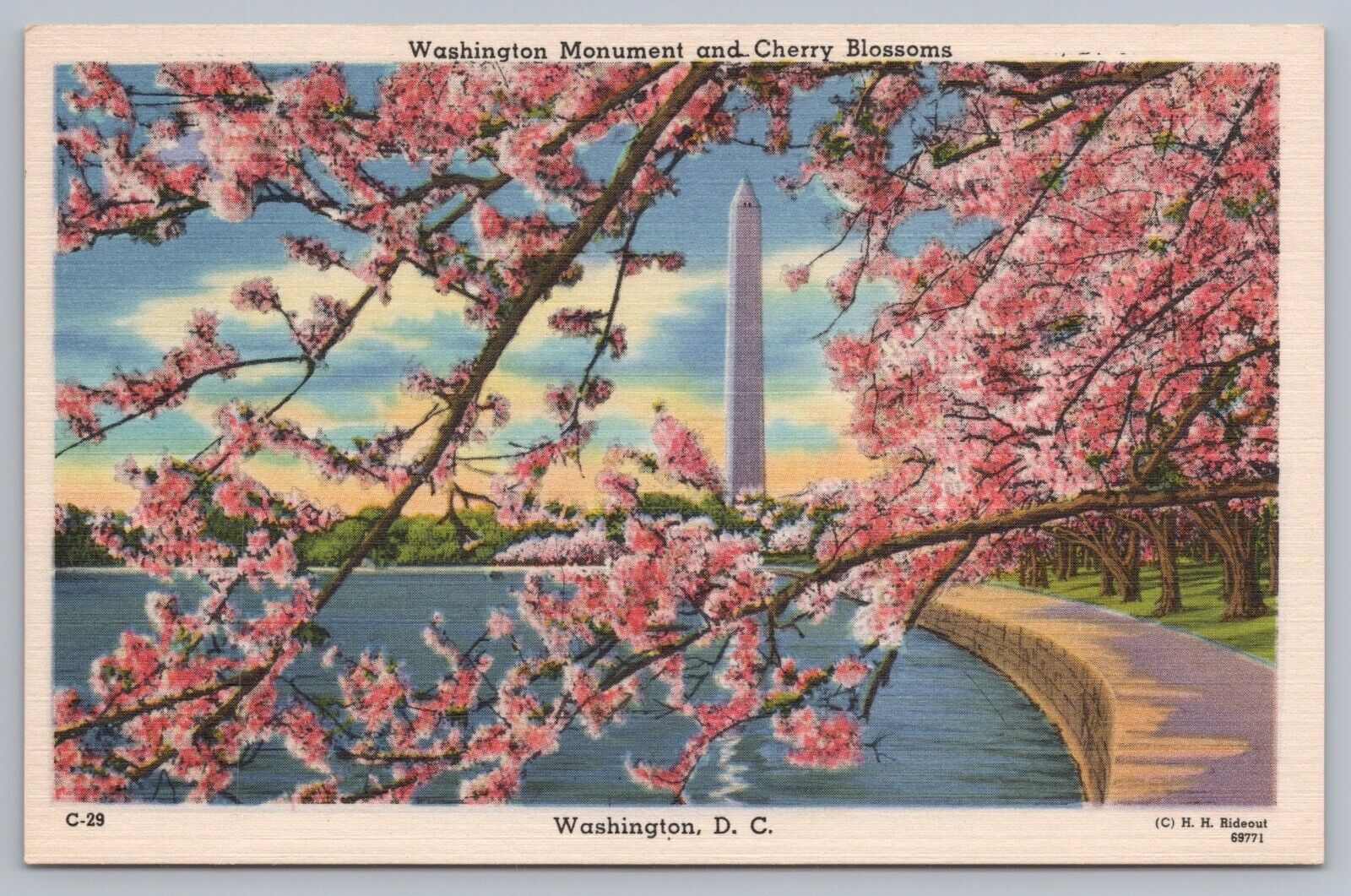 Washington Monument and Cherry Blossoms Washington Dc Linen UNP Postcard