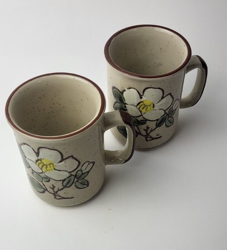 Vintage Pair Otigiri Japan Stoneware Coffee Mugs  Speckled White Floral Flowers