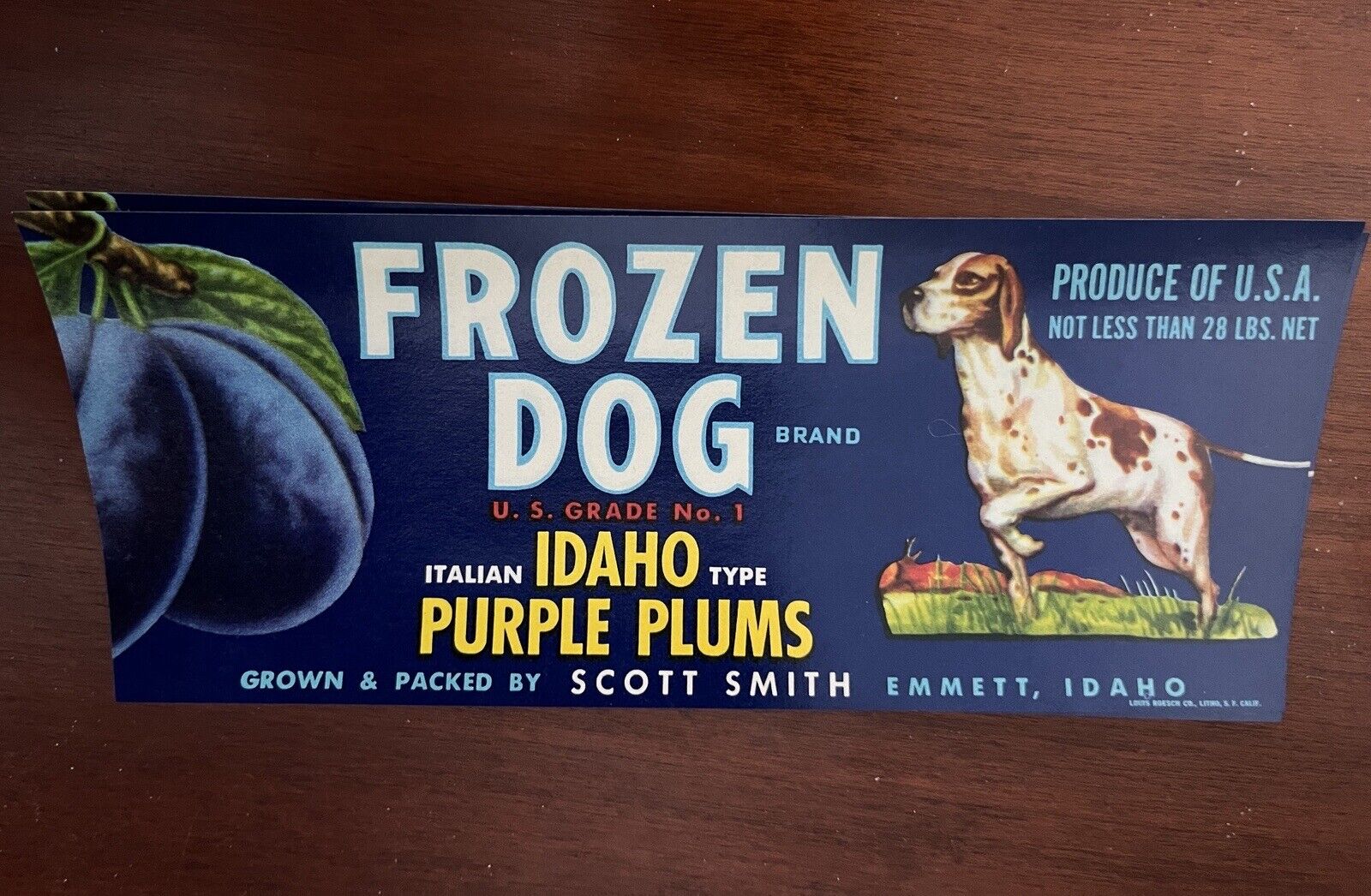 Vintage Idaho Purple Plums FROZEN DOG Original Fruit Crate Label Emmett, Idaho