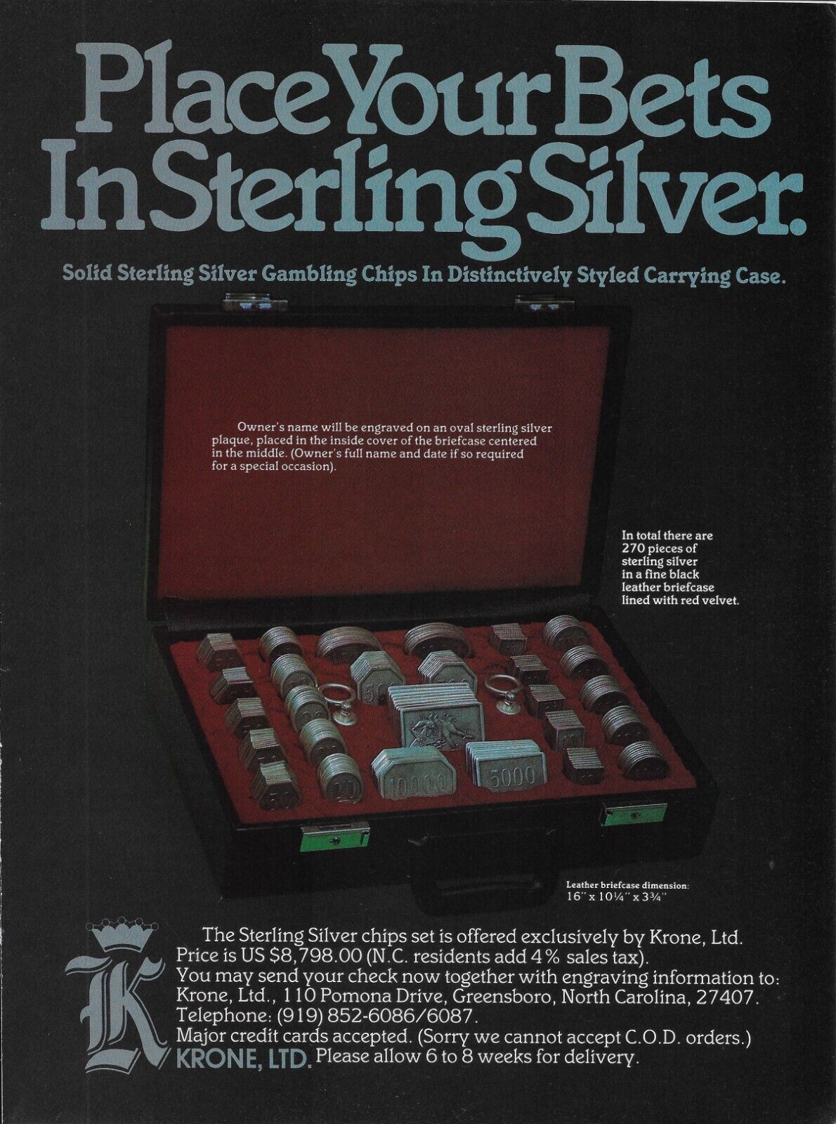 1983 Krone LTD Sterling Silver Chips Poker Gambling Carrying Vintage Print Ad