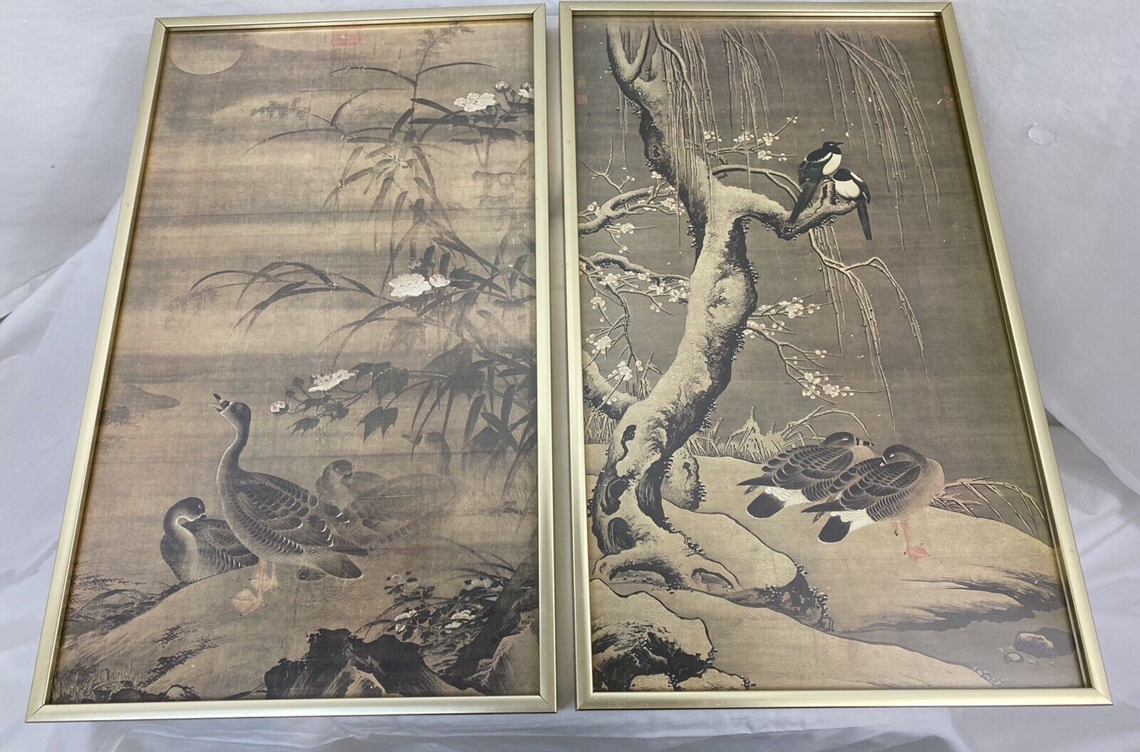 Vintage Antique Japanese Framed Art Paintings, Ducks Set of 2
