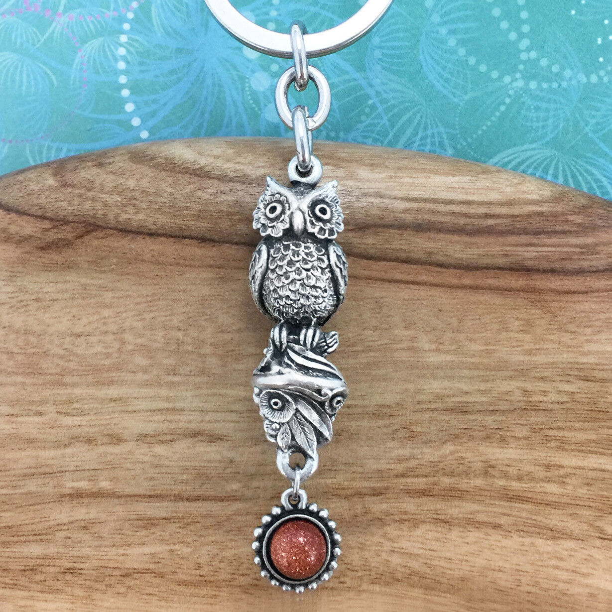Owl Keyring Keychain with Gold Stone Charm