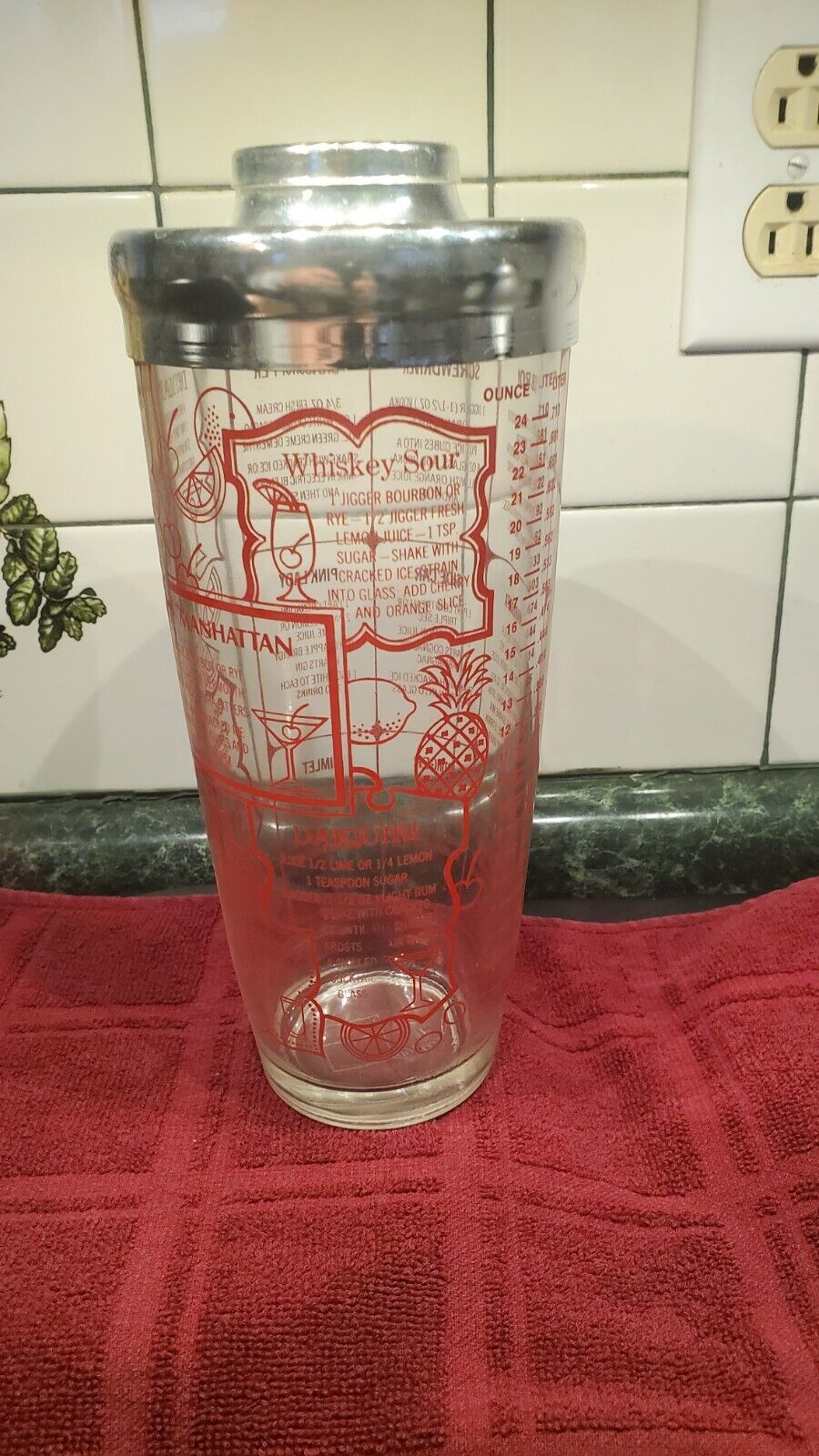 Vintage IRVINWARE Glass Cocktail Shaker Drink Mixer w/Recipes * 24oz Red 9in MCM