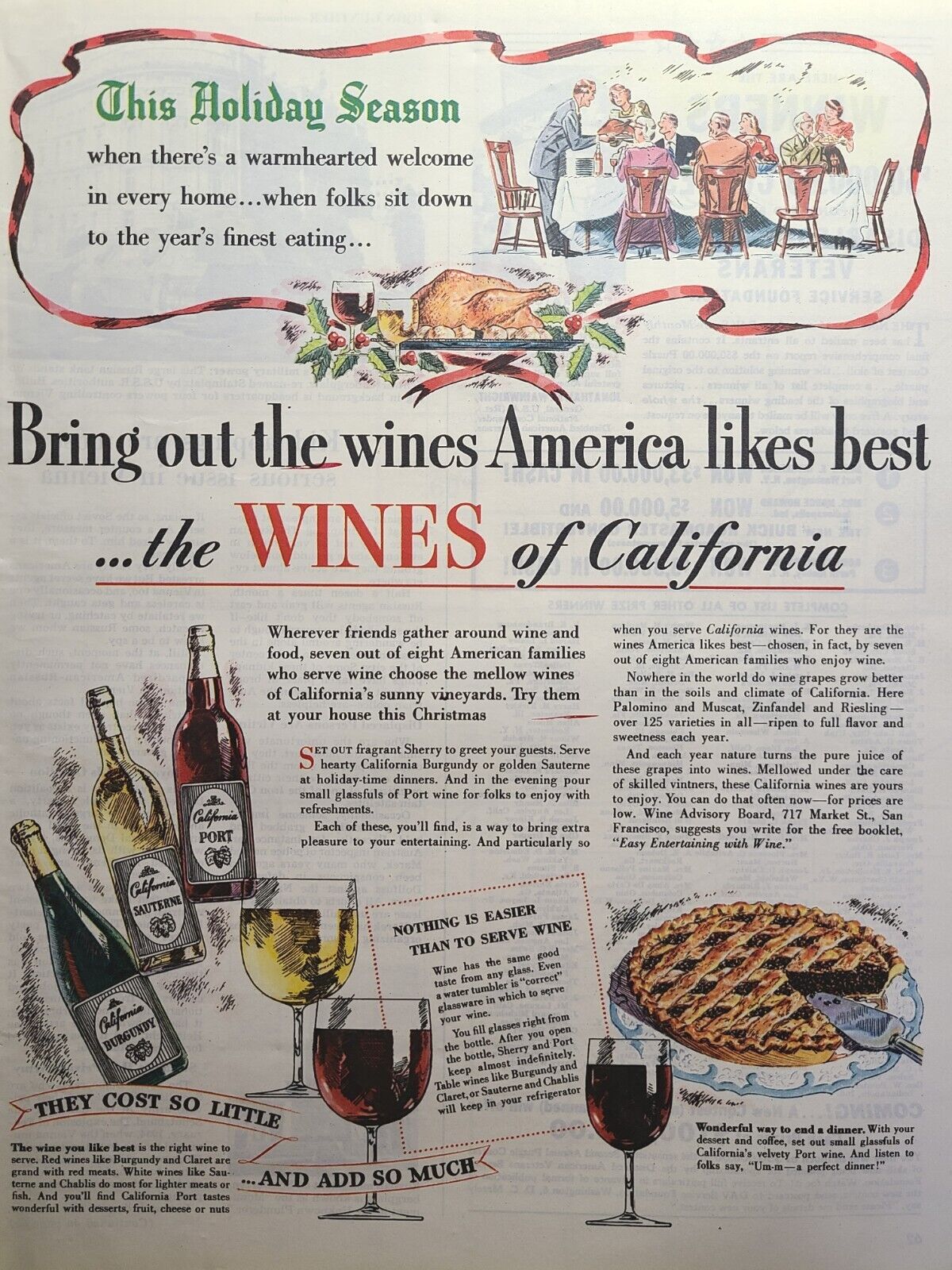 Wines Of California Holiday Season Port Sauterne Burgundy Vintage Print Ad 1948