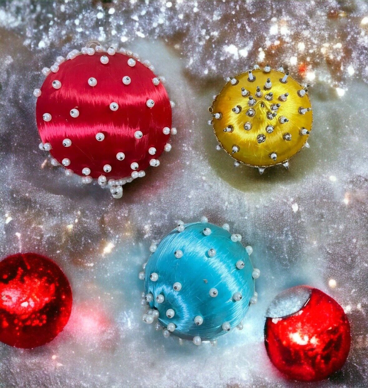 Vintage Handmade Push Pin Christmas Ornaments Satin Beaded Sequins Lot of 3