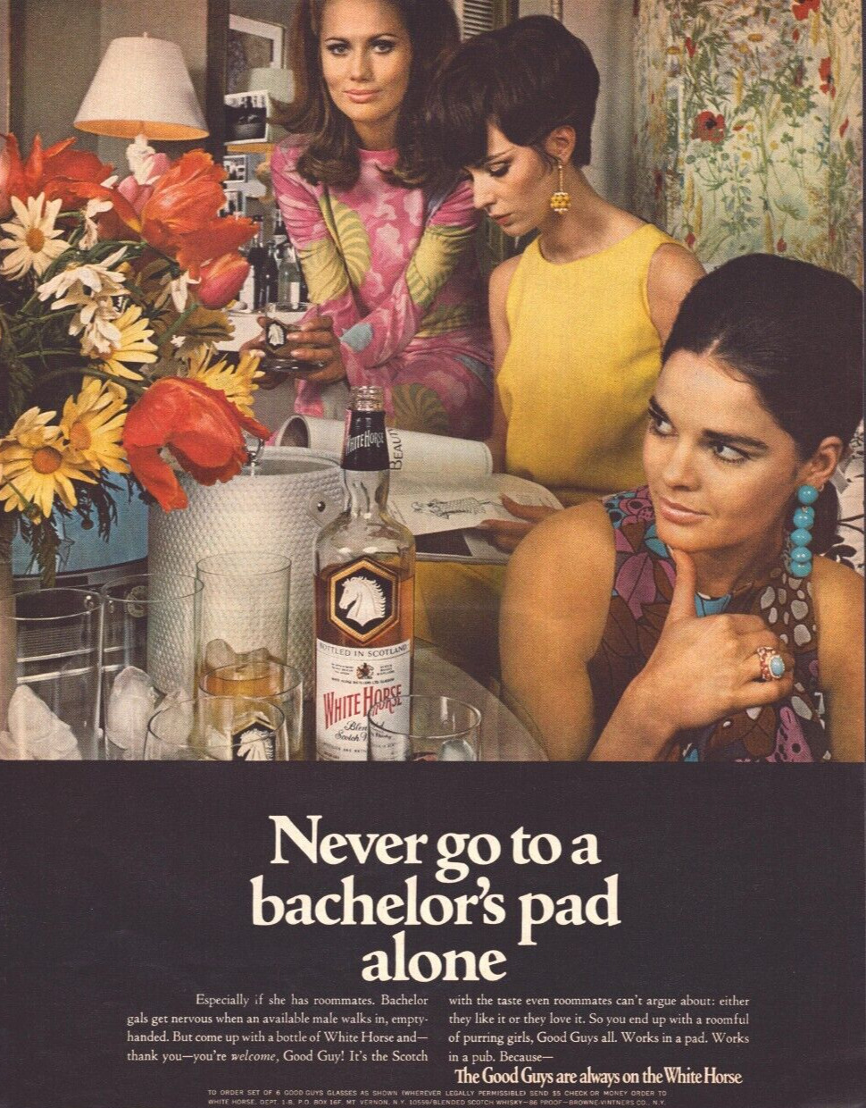 1968 White Horse Scotch Print Ad Bachelor Girl Pad