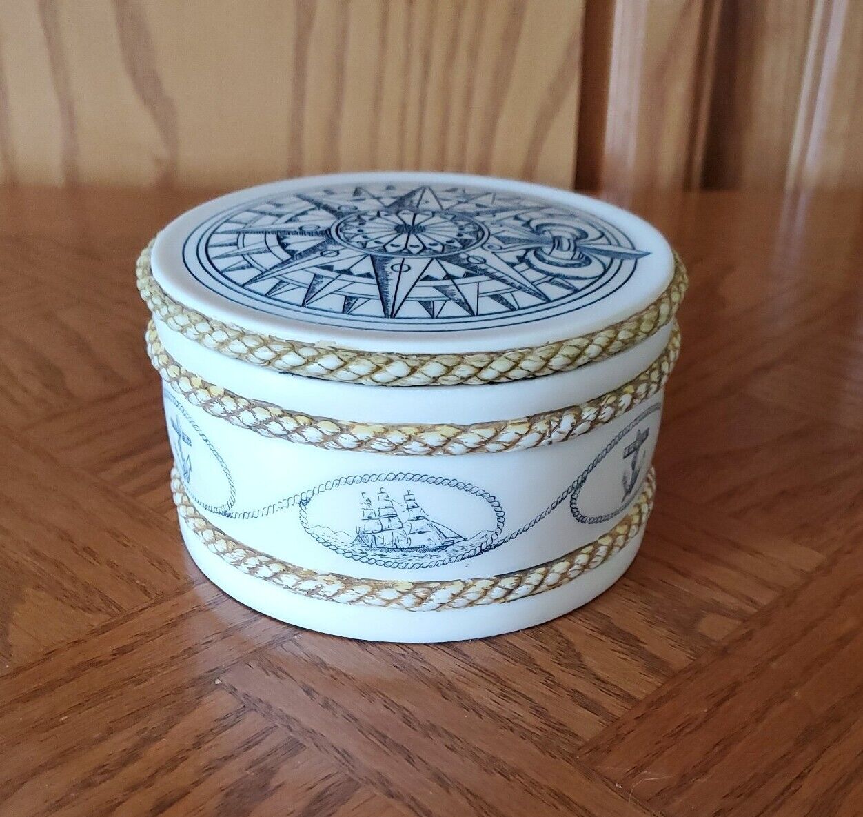 Nautical Trinket Jewelry Box White Embossed Ceramic Pottery Round Ship Design