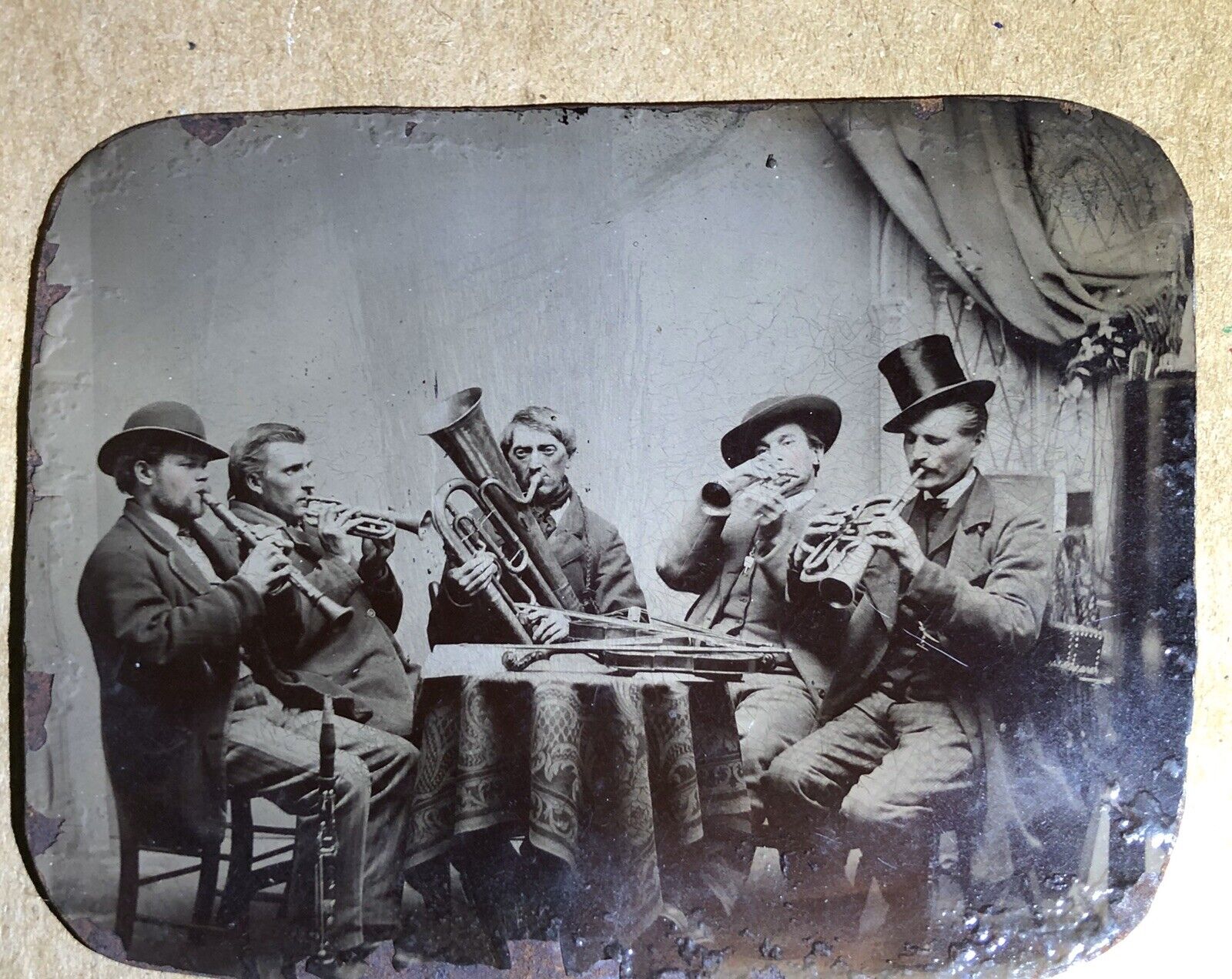 Rare 1860s Tintype Photo Group of Musicians at Table Playing Music Instruments 