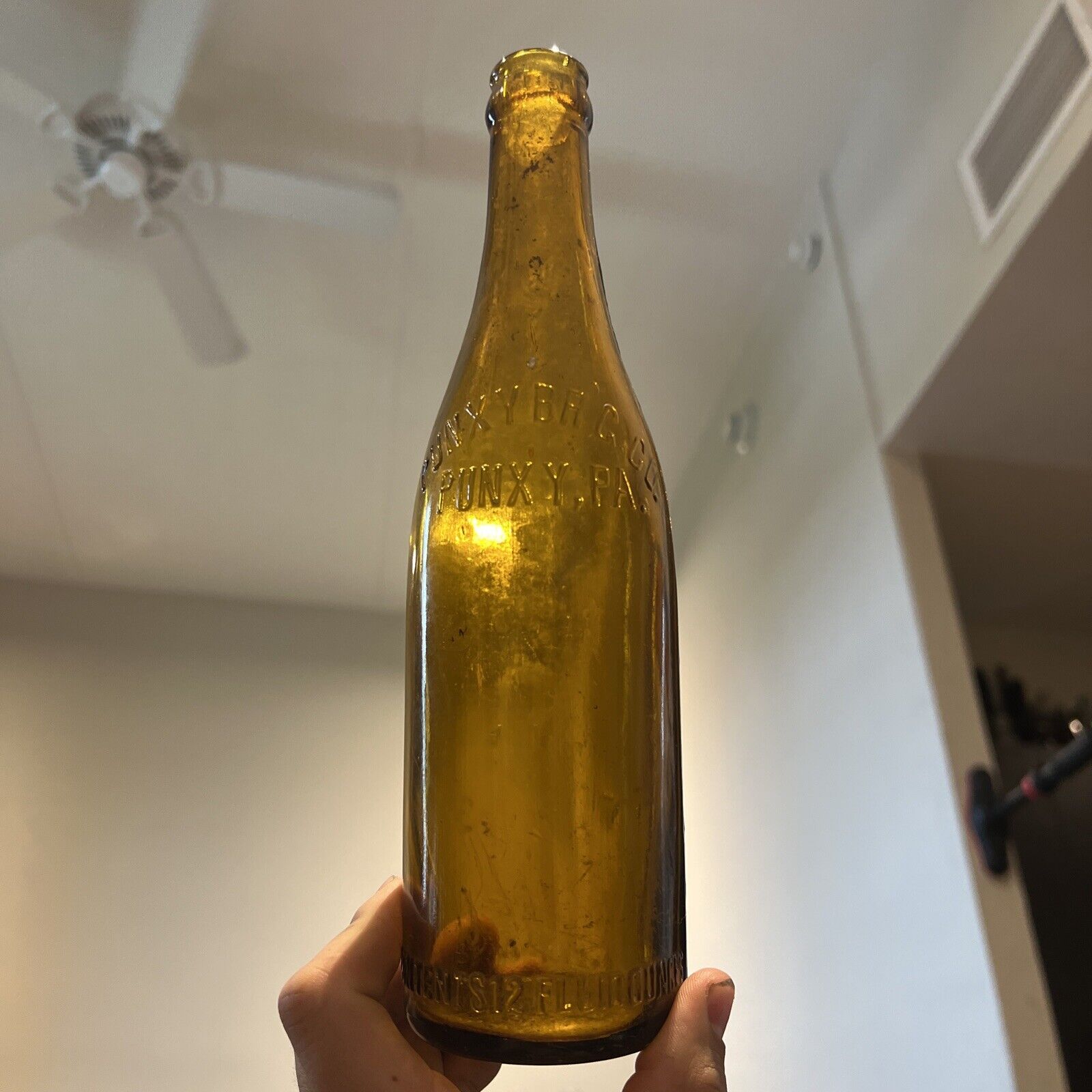 Antique Honey Amber Punxy Brewing Co Handblown Beer Bottle PA Pennsylvania 12oz