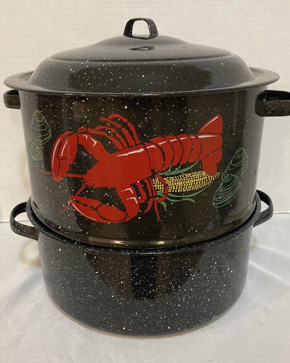 Vintage Speckled Enamel Double Steam Pot Lobster Corn Clams