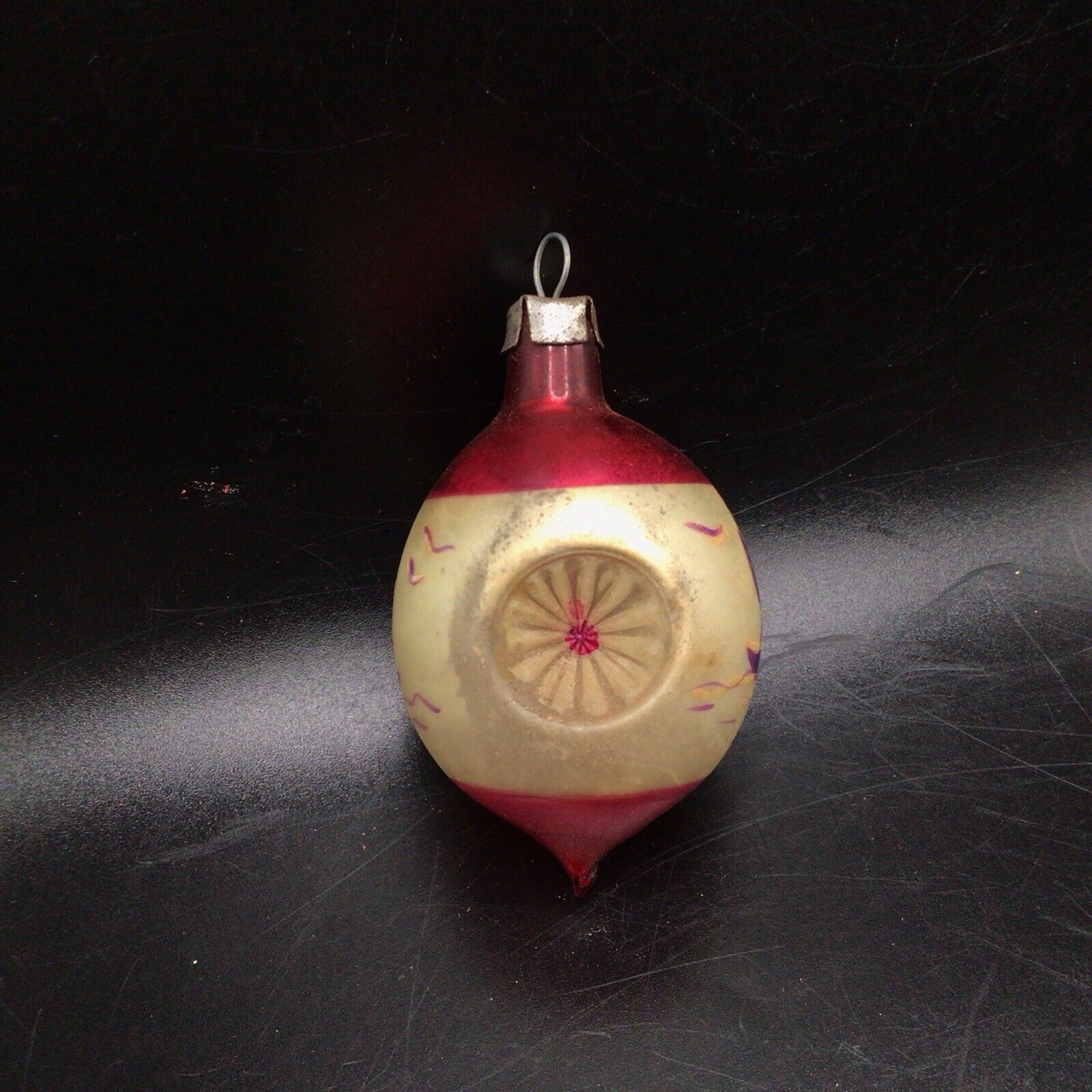 Antique Glass CHRISTMAS Double Indent Teardrop Feather Tree Ornament Boat Scene