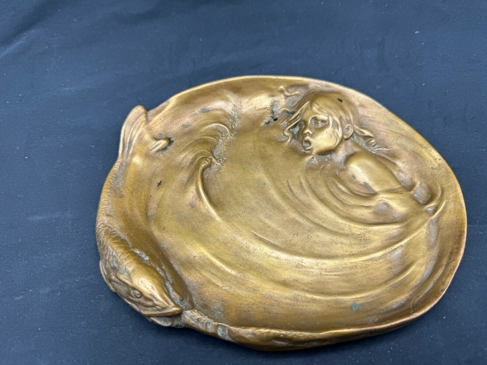 Antique Art Nouveau Bronze Girl with Fish Tray