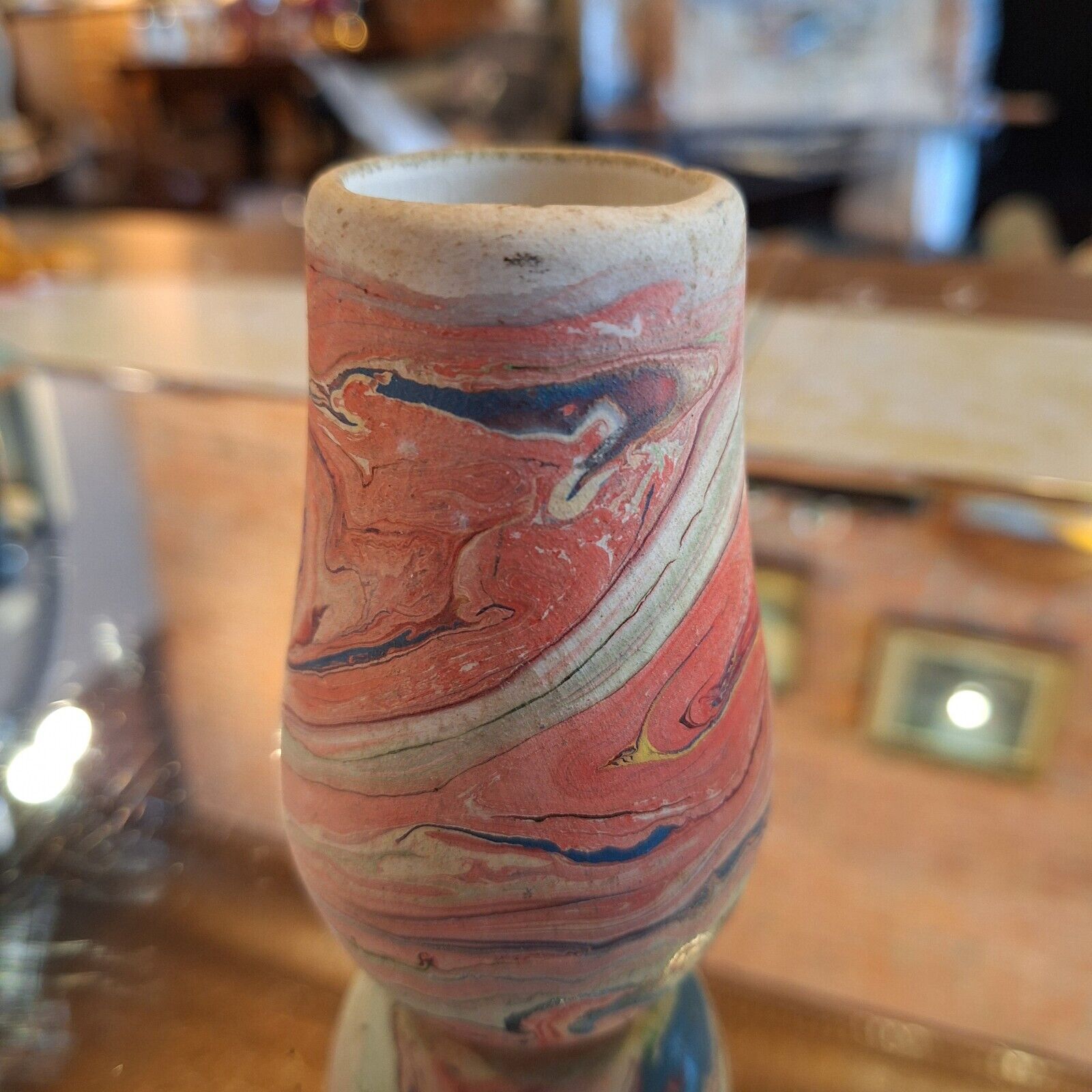 Nemadji USA Pottery Vase Stunning Colorful Swirls Red Green Blue Tan 3.5\