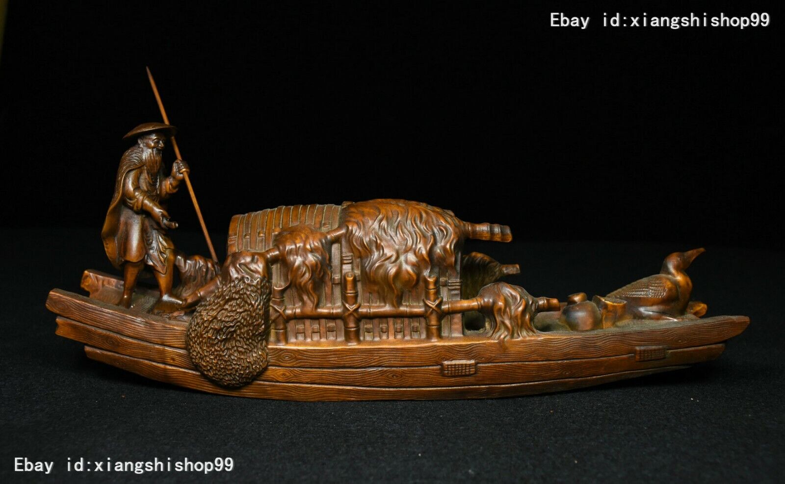 Collect China Folk Boxwood Wood Carved fisherman fishing boat Bird Adorn Statue
