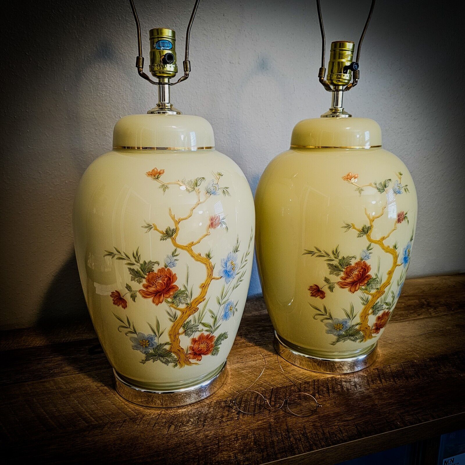 Pair of Vintage Chinese Ginger Jar Lamps Hand Painted Large Porcelain Beige