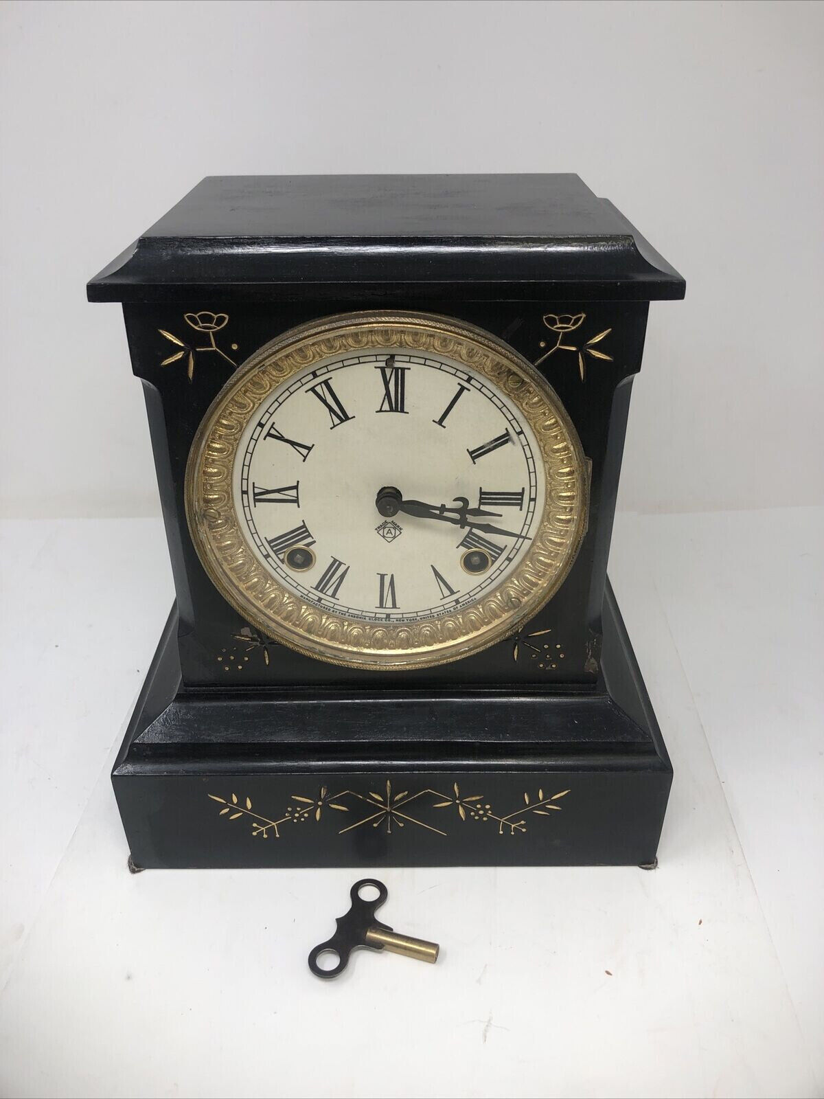 VINTAGE ANSONIA CAST IRON MANTLE CLOCK 1800S W/ KEY - PREOWNED