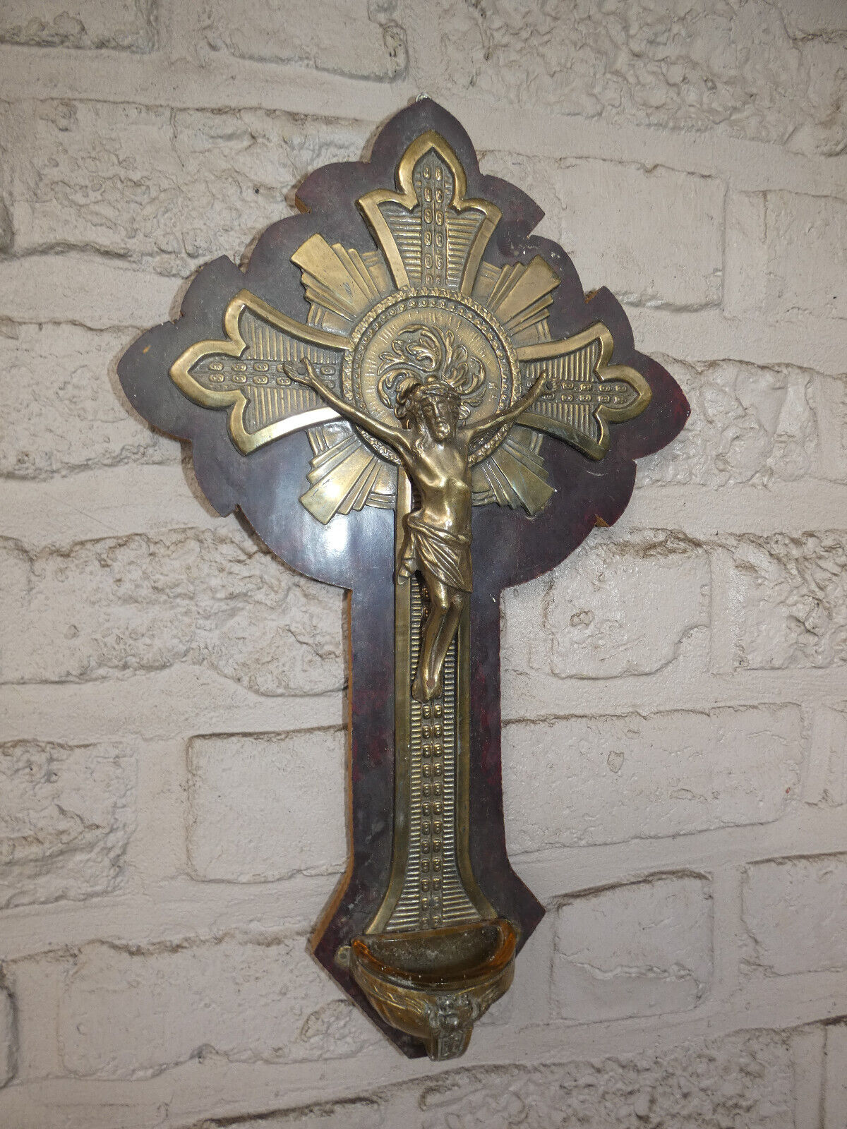 Antique french wood metal Crucifix holy water font plaque