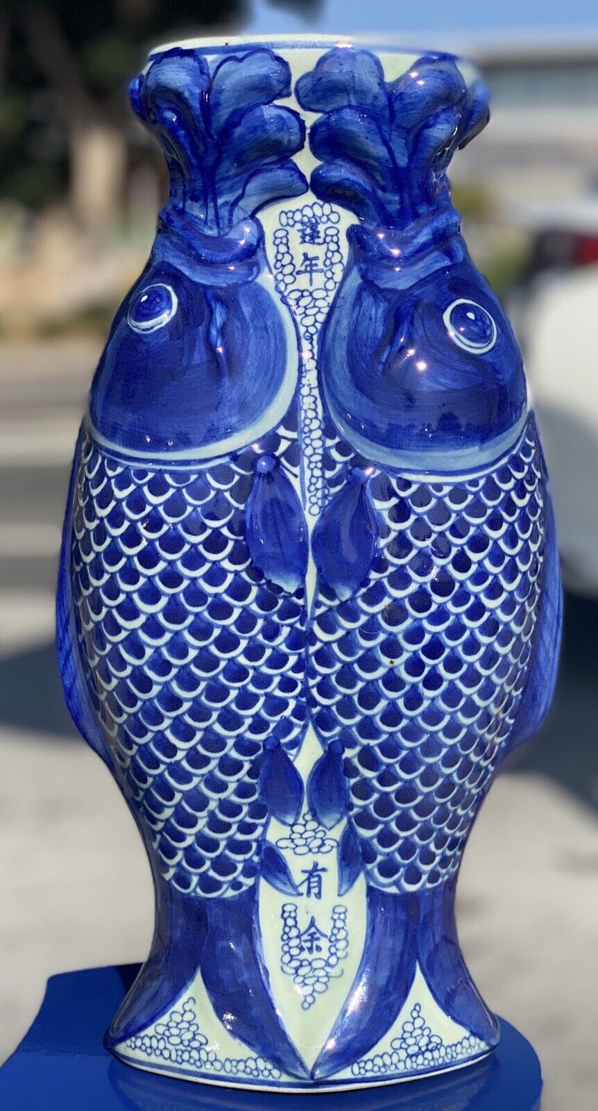 Double Blue & White Fish Chinese Vase