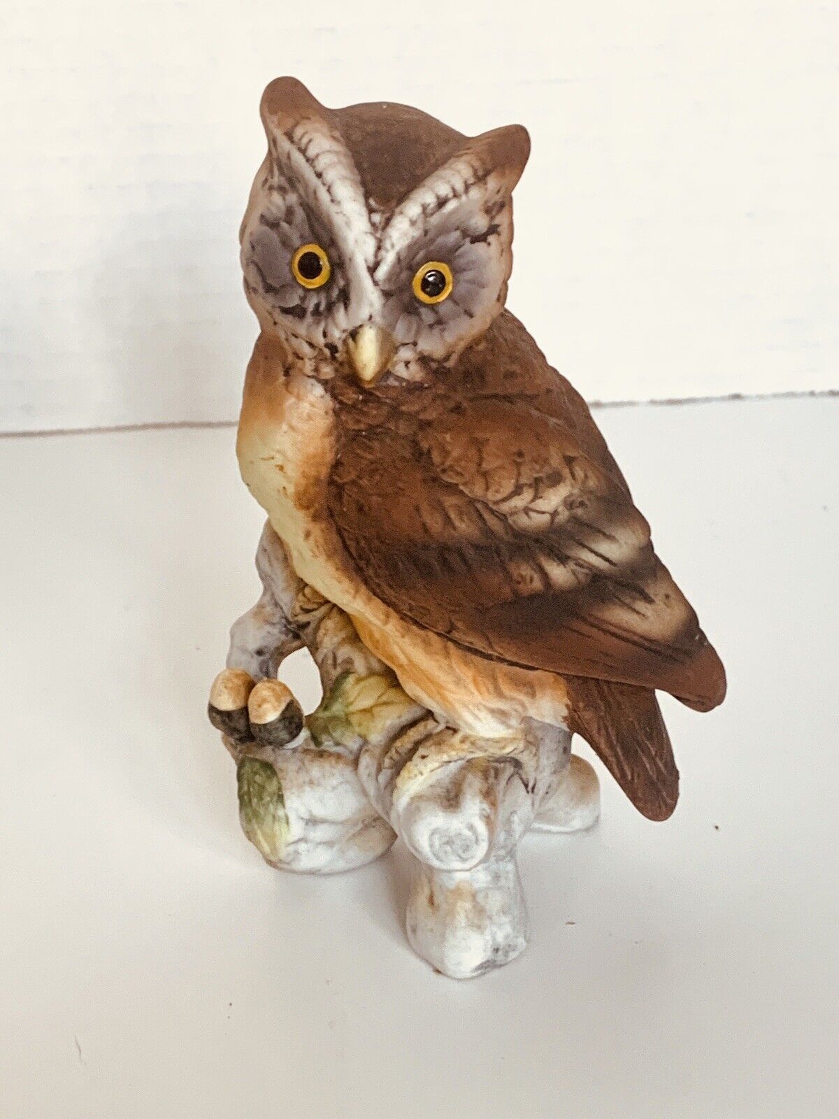 Vintage Great Horned Owl Figurine KW121 Lefton Acorn Branch Porcelain Japan 4\