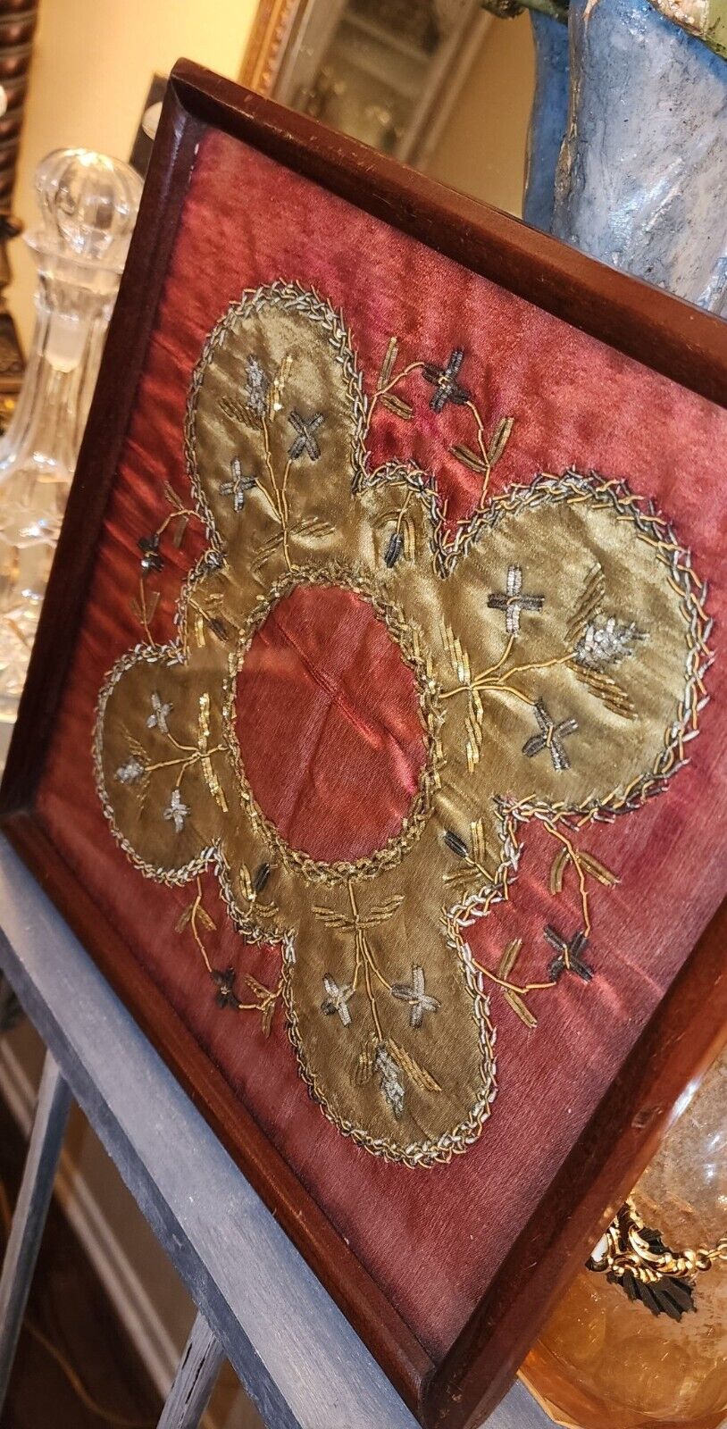 Antique Religious Framed-French Metallic Thread Embroidered Liturgical Linen 