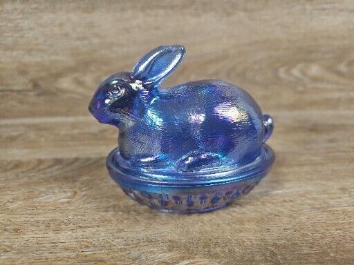 VTG Iridescent Blue Glass Nesting Bunny  Lidded Candy Dish MCM Easter Decor