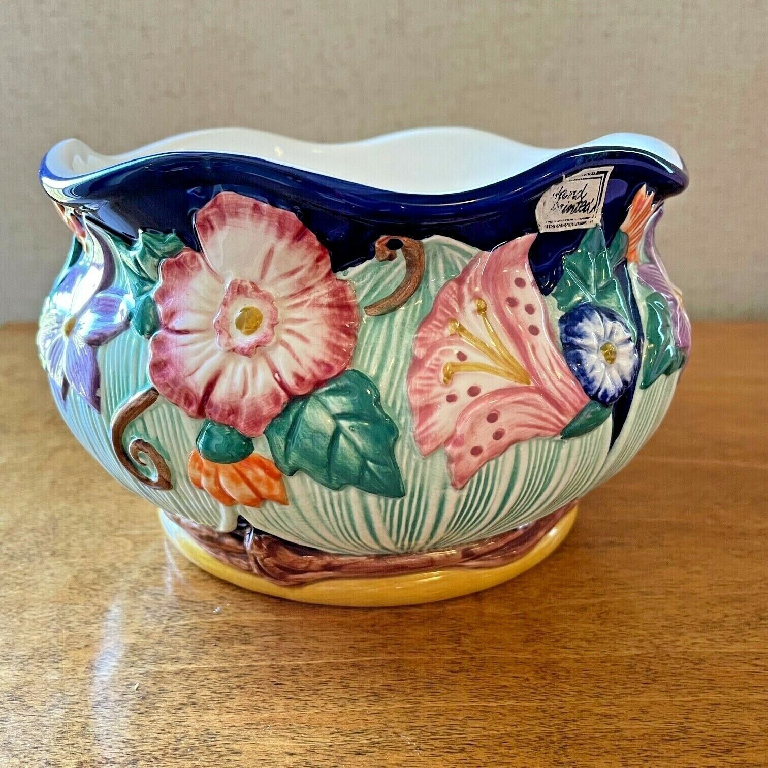 FITZ & FLOYD 1994 Hand Painted Planter Bowl Raised Colorful Floral Pattern