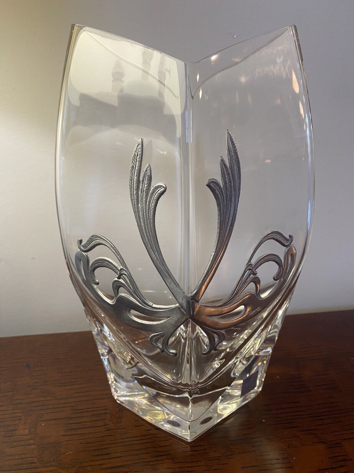 Les Etains Potstainiers Belgian Vase Pewter Crystal Signed Art Nouveau 9.5”