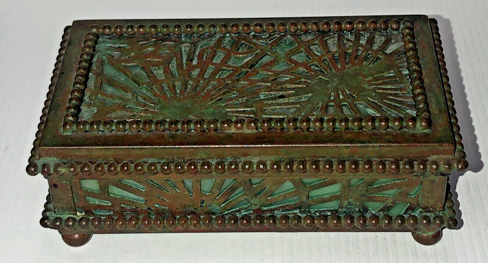 Antique Tiffany Studios New York Bronze Pine Needle Green Favrile Stamp Box #801